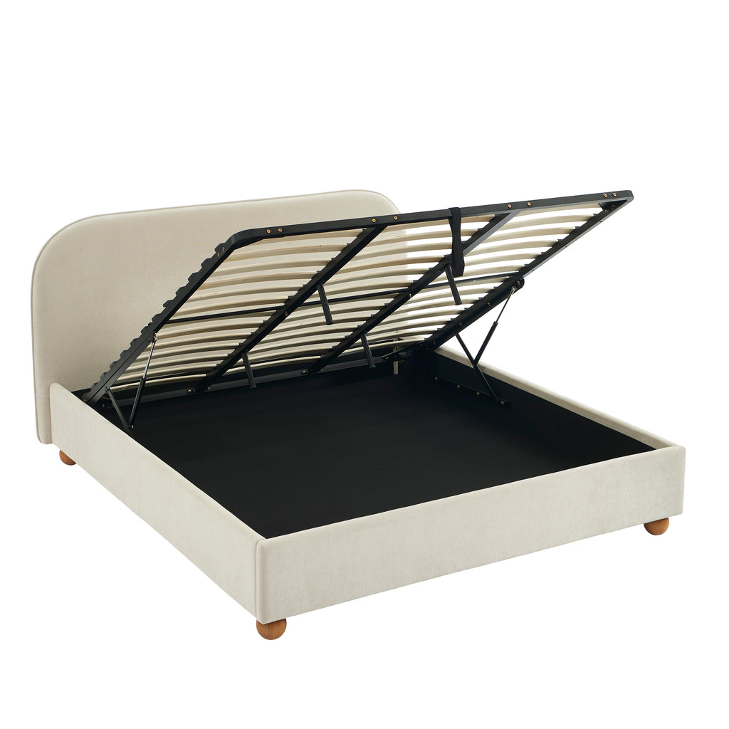 PILKA Striped Fabric Storage Bed with Slatted Base – Beige