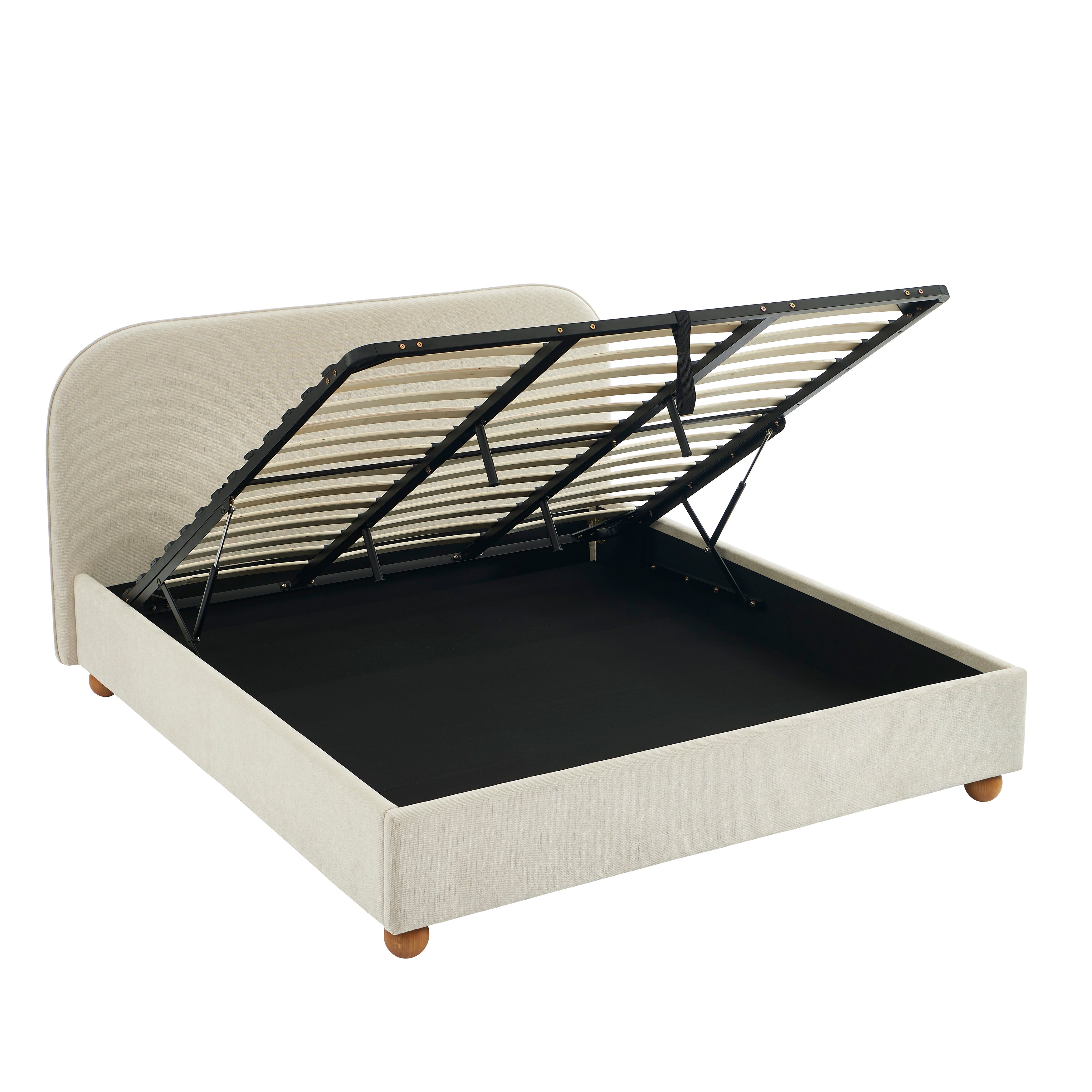 PILKA Striped Fabric Storage Bed with Slatted Base – Beige