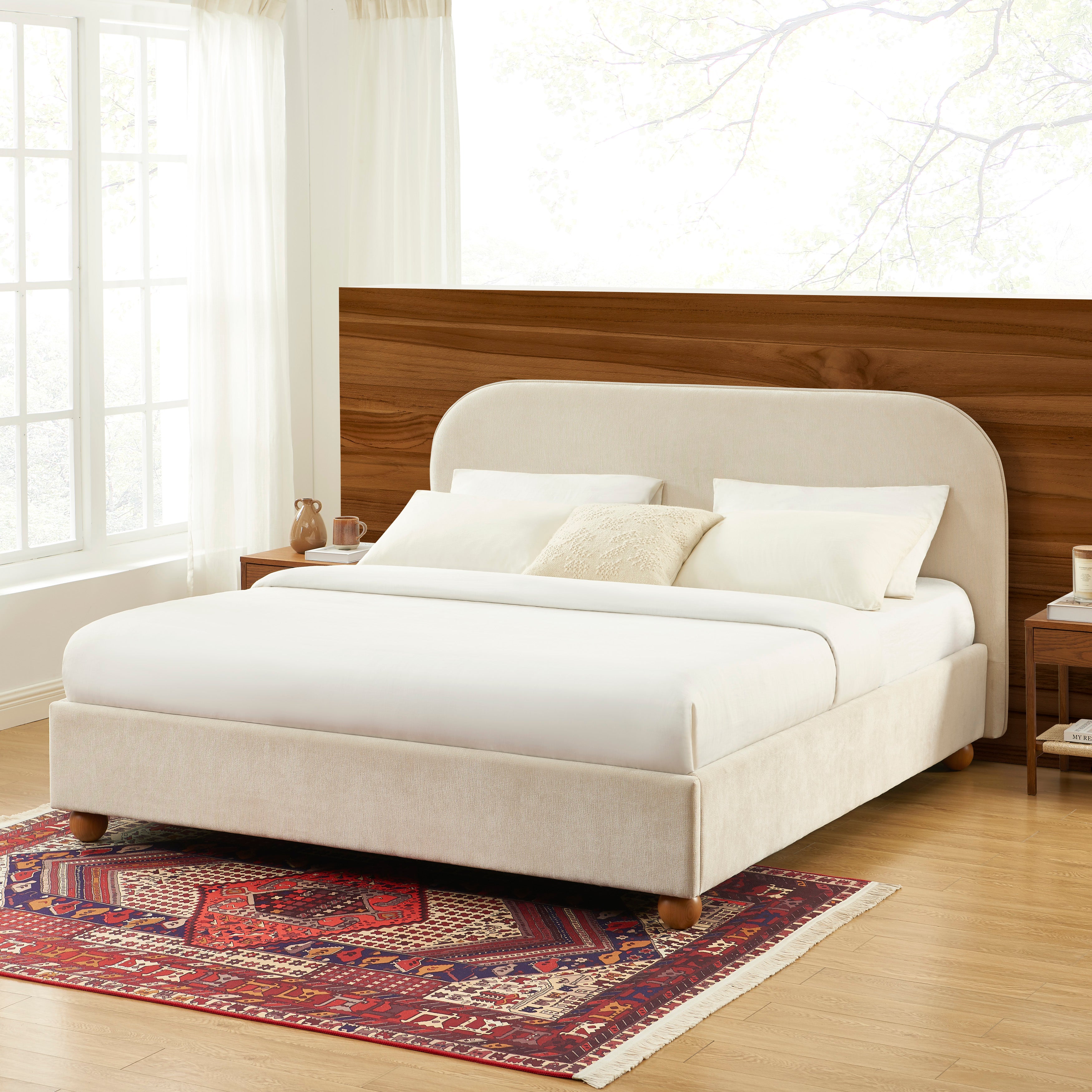 PILKA Striped Fabric Storage Bed with Slatted Base – Beige