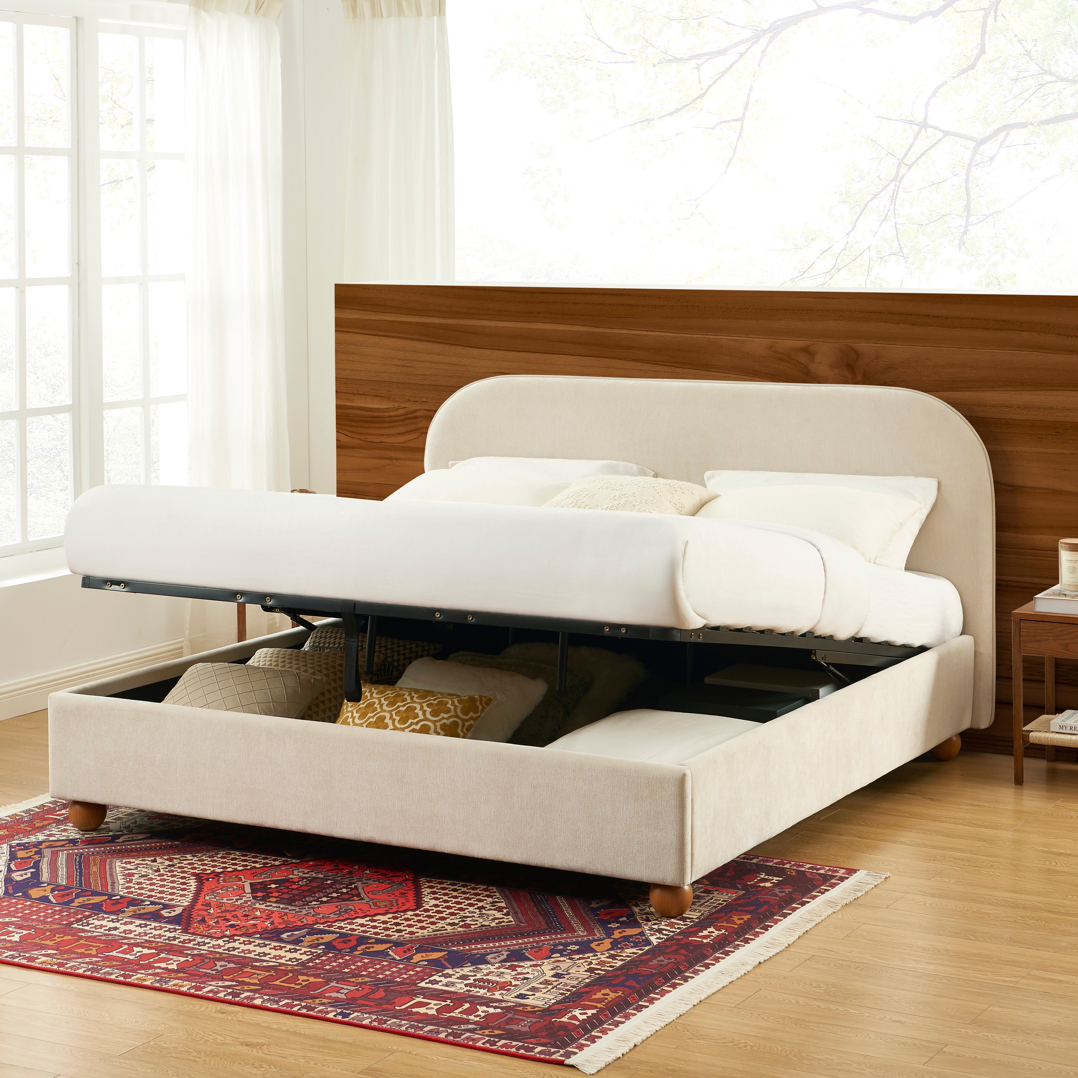 PILKA Striped Fabric Storage Bed with Slatted Base – Beige