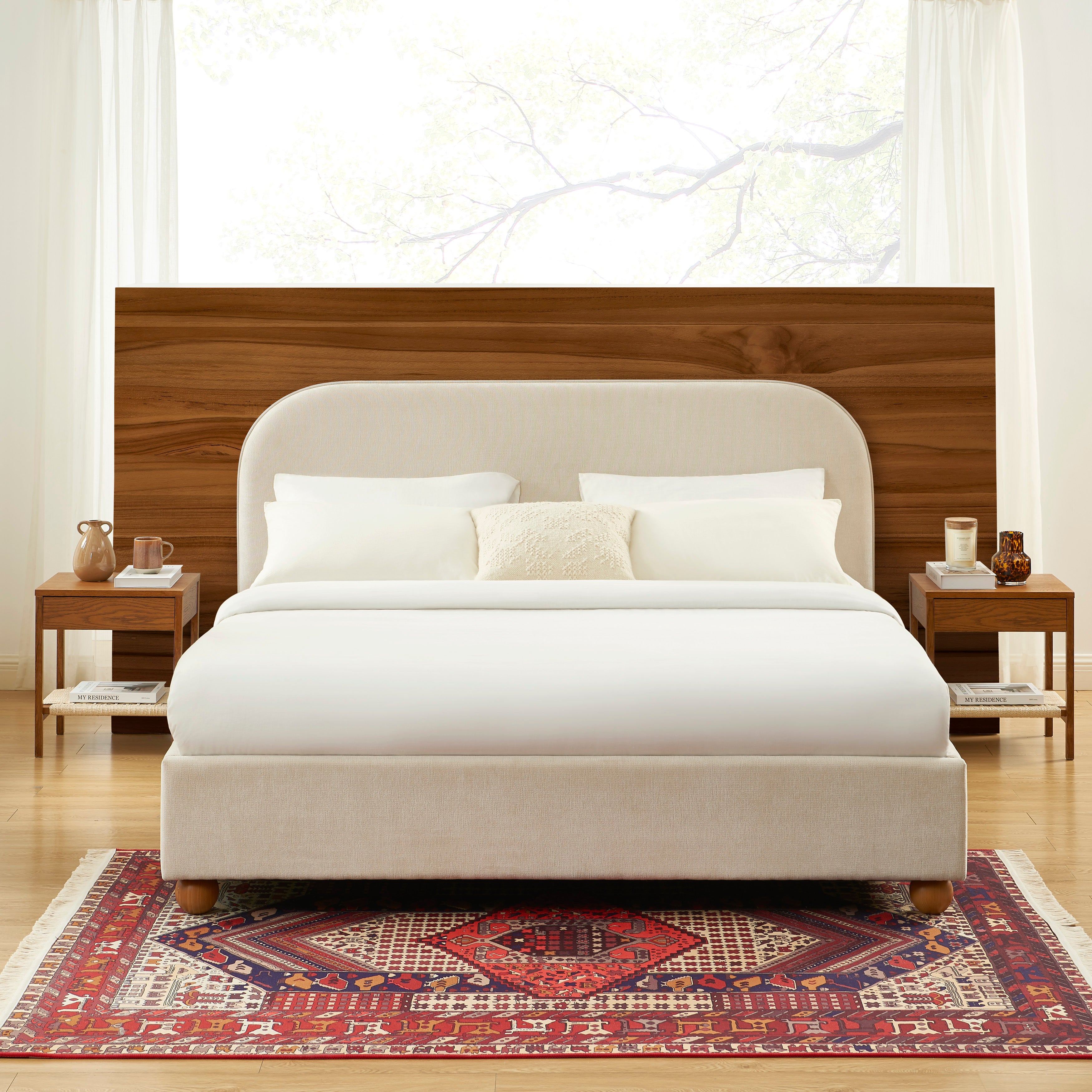 PILKA Striped Fabric Storage Bed with Slatted Base – Beige