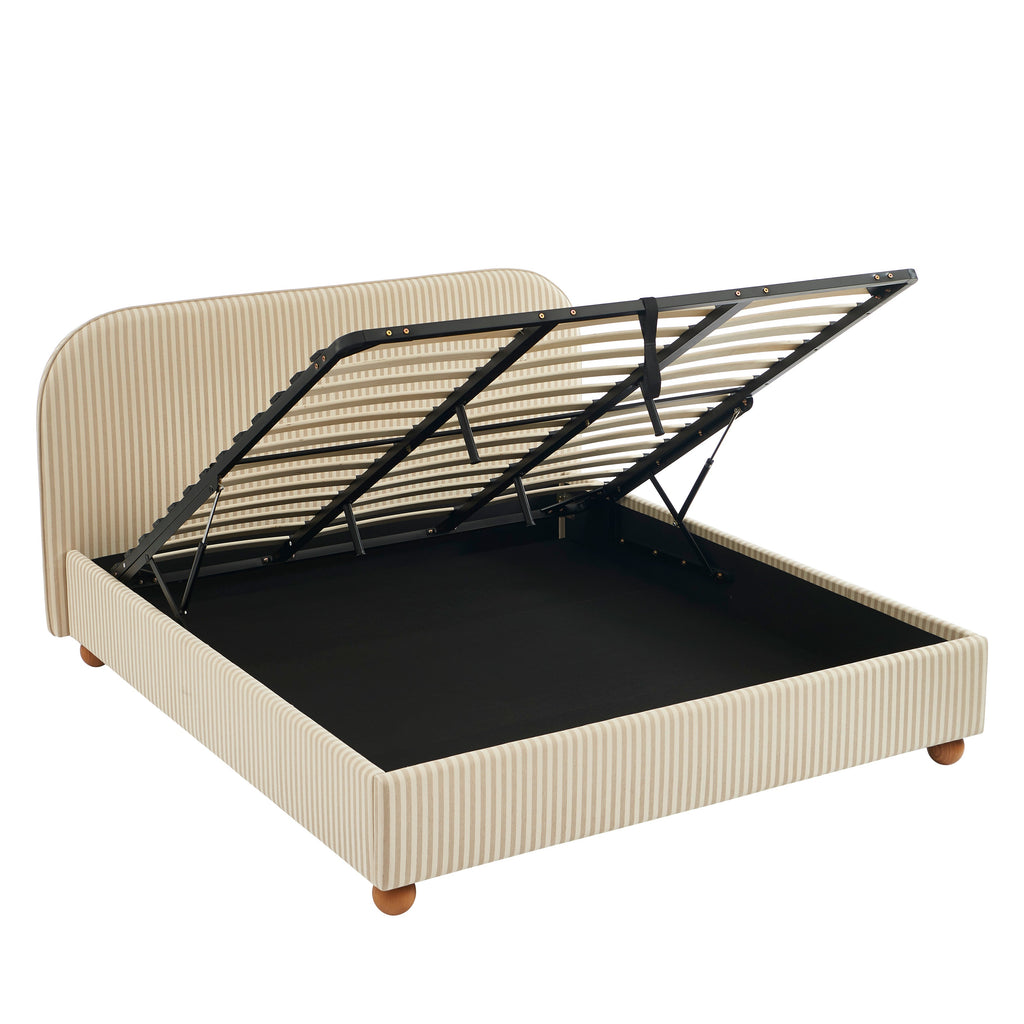 PILKA Striped Fabric Storage Bed with Slatted Base – White