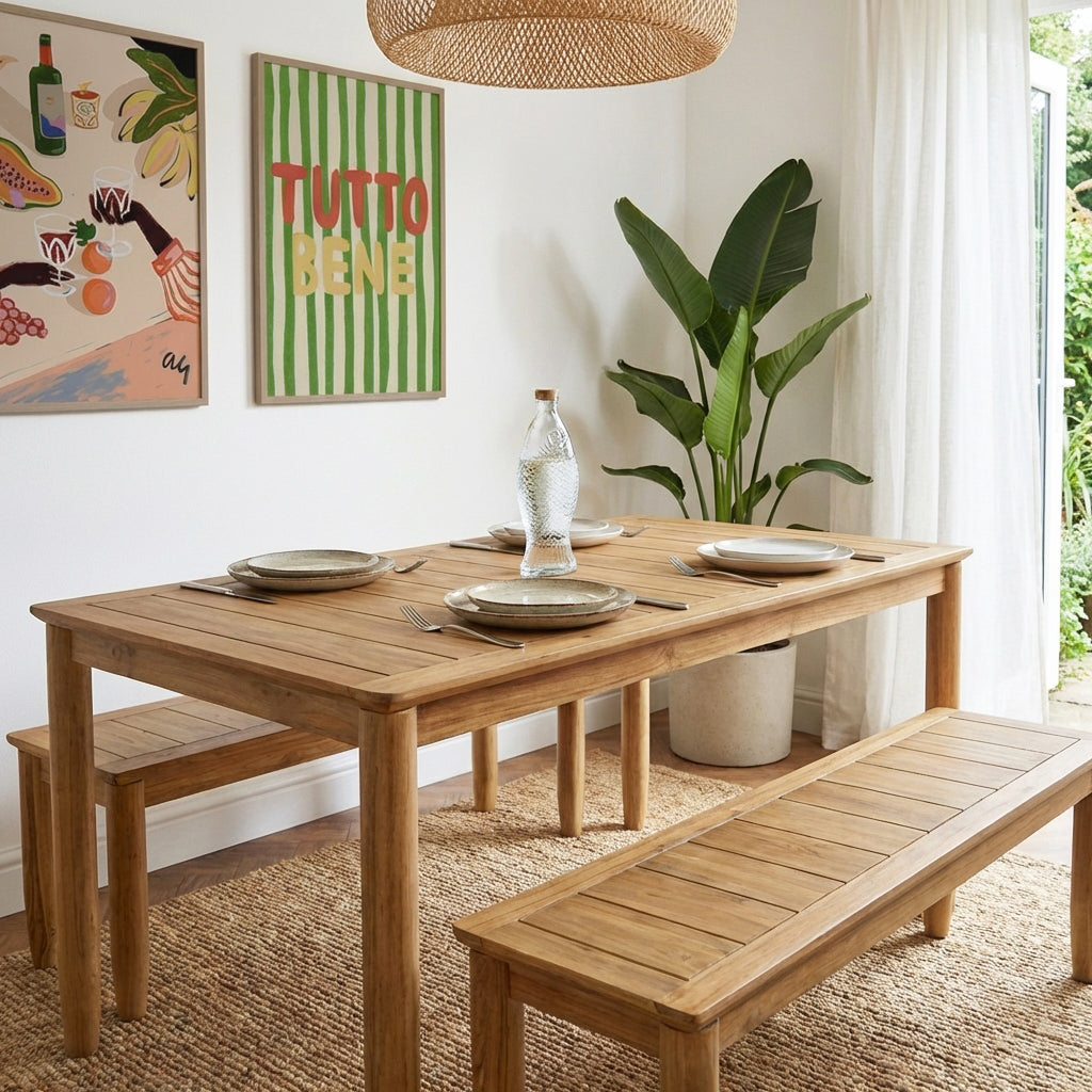 SAFARI 6-Seater Teak Garden Table and Bench Set - Natural wood