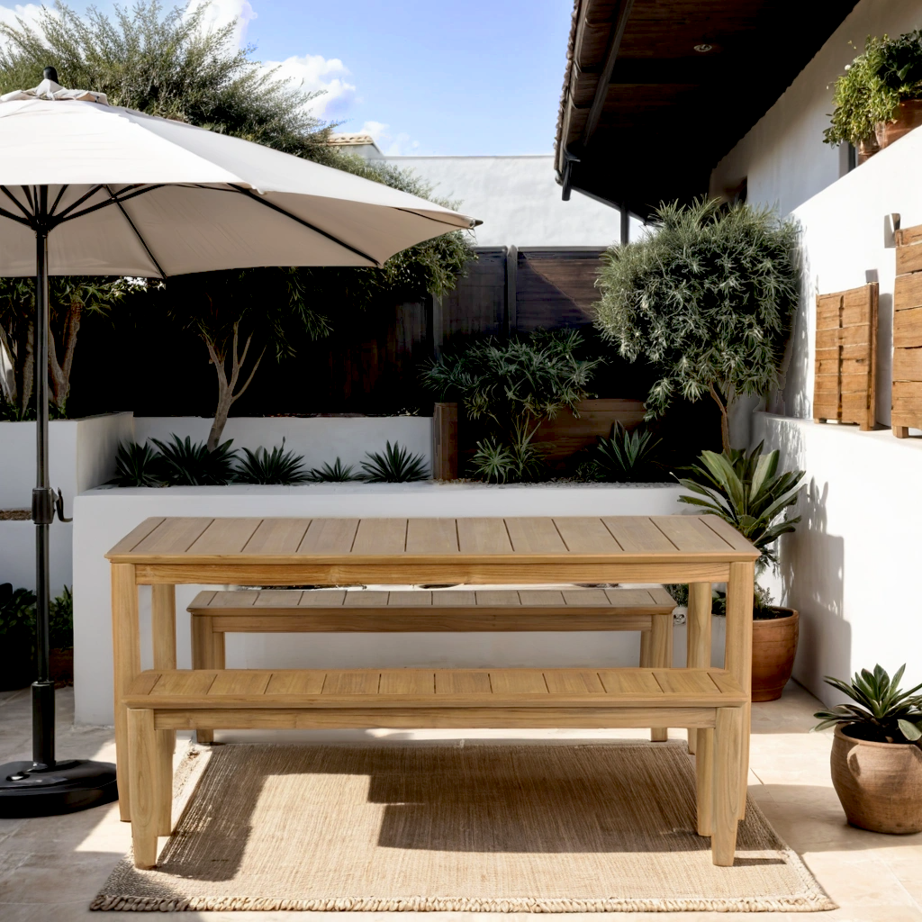 SAFARI 6-Seater Teak Garden Table and Bench Set - Natural wood