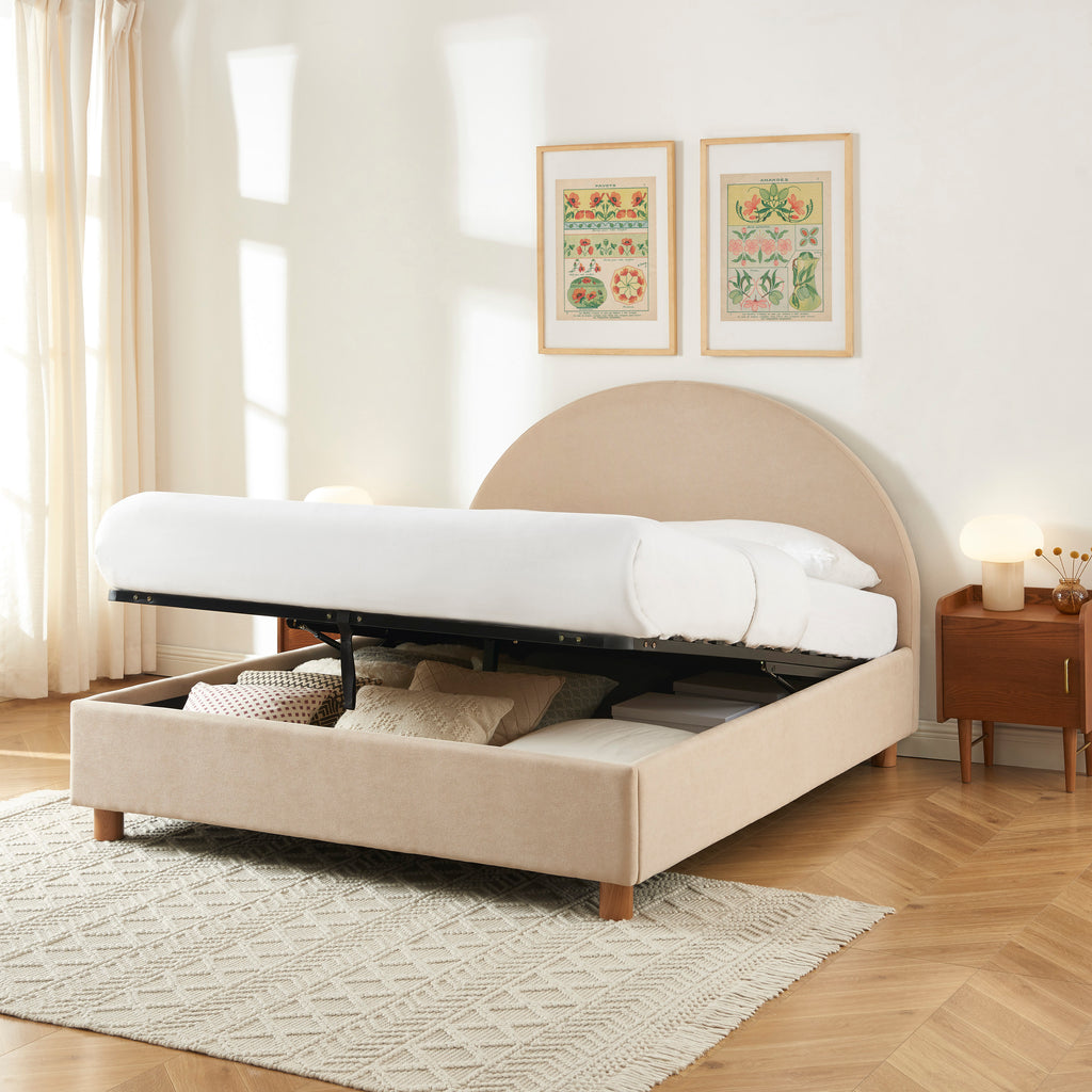 TAIJO Upholstered Storage Bed with Slatted Base – Beige
