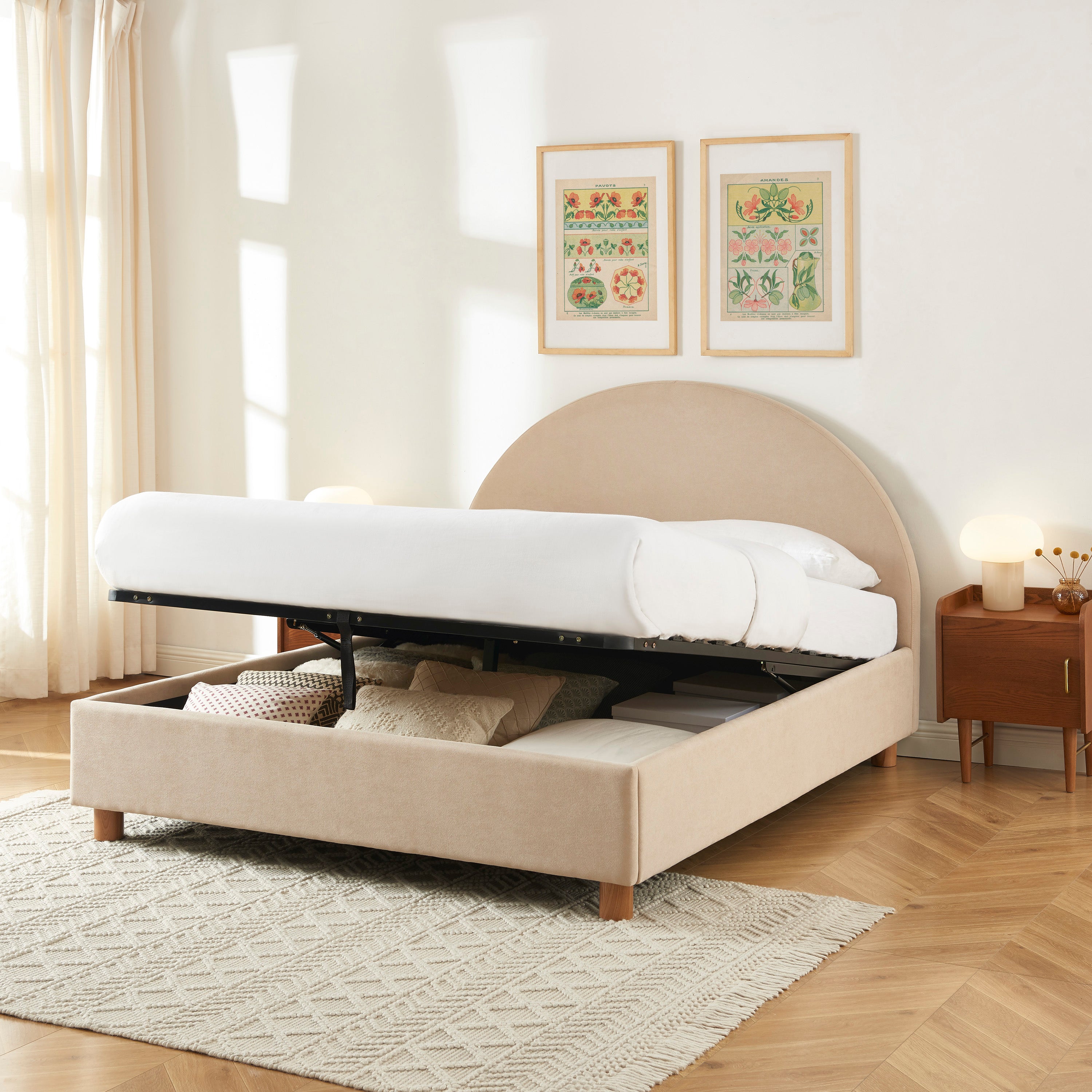 TAIJO Upholstered Storage Bed with Slatted Base – Beige