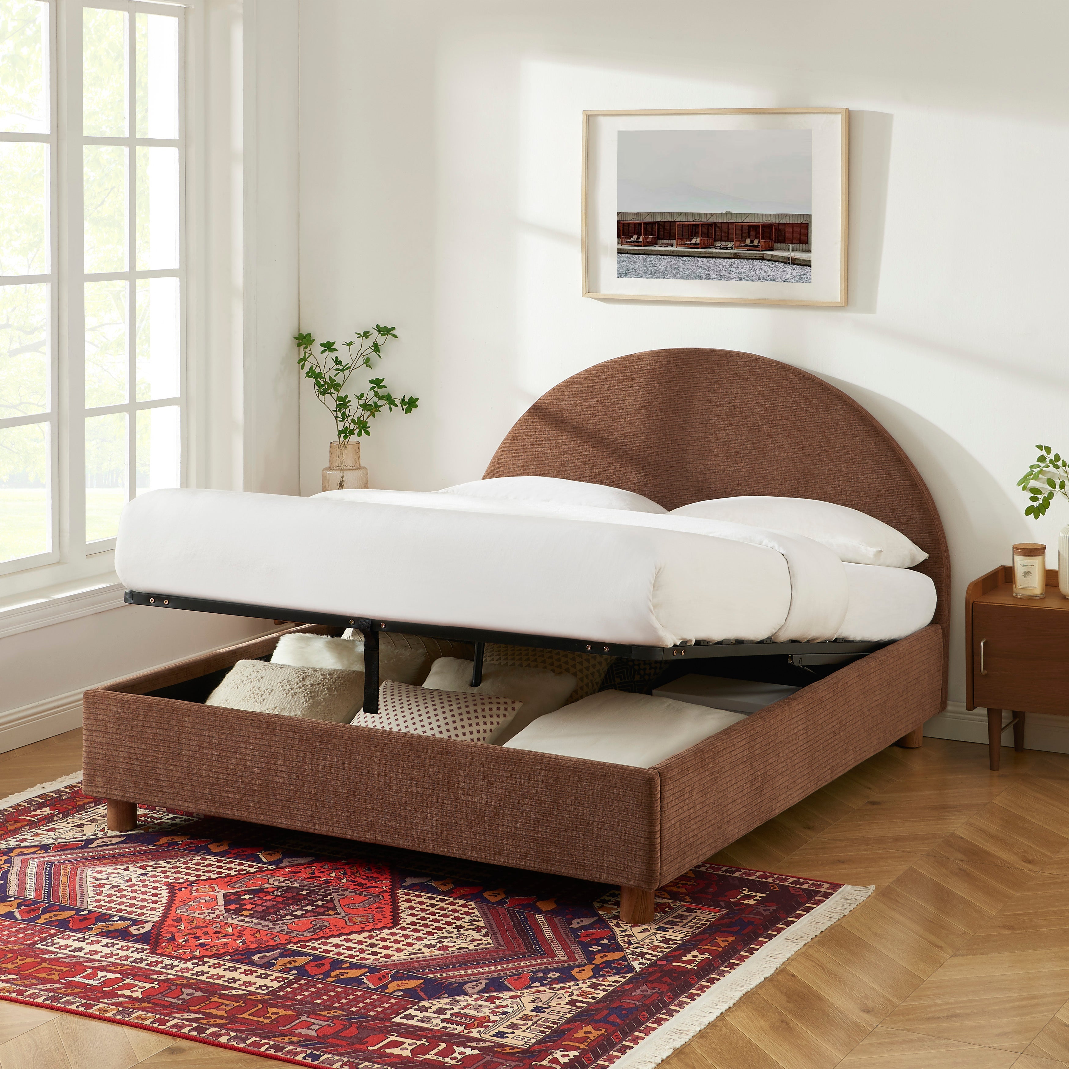TAIJO Upholstered Storage Bed with Slatted Base – Brown
