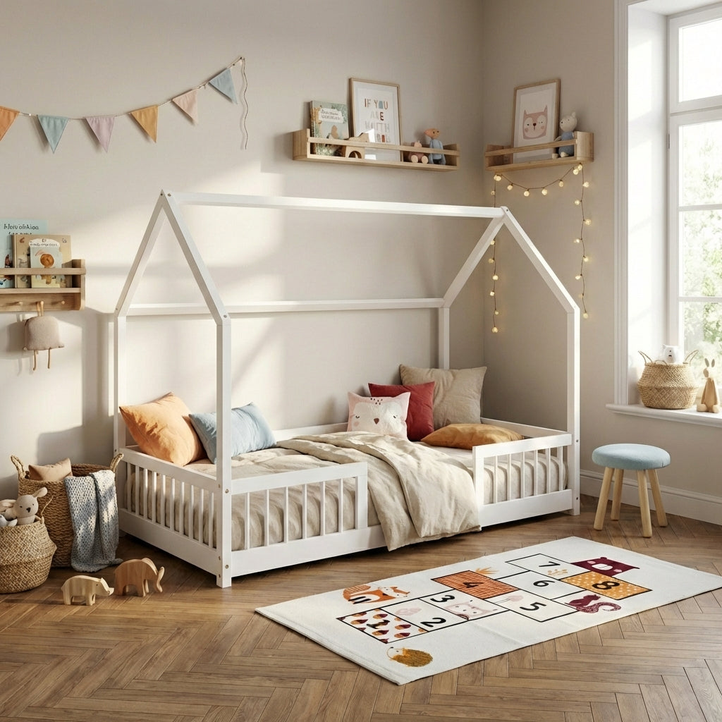 TINY Kids Cabin Bed with Safety Rails 35" x 75" - White