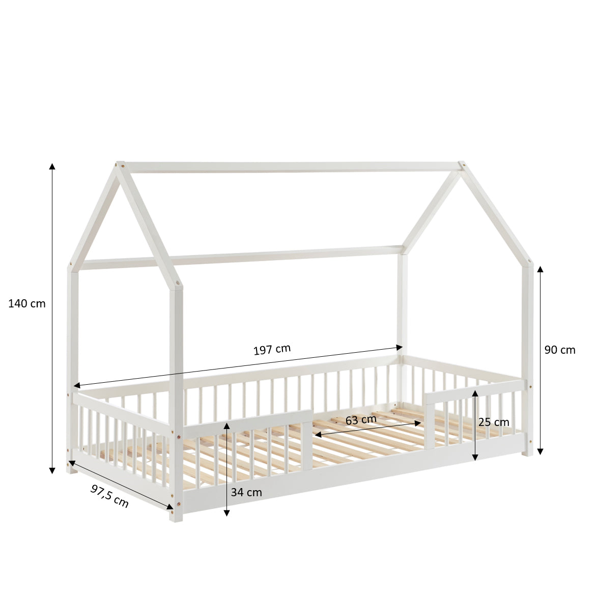 TINY Kids Cabin Bed with Safety Rails 35" x 75" - White