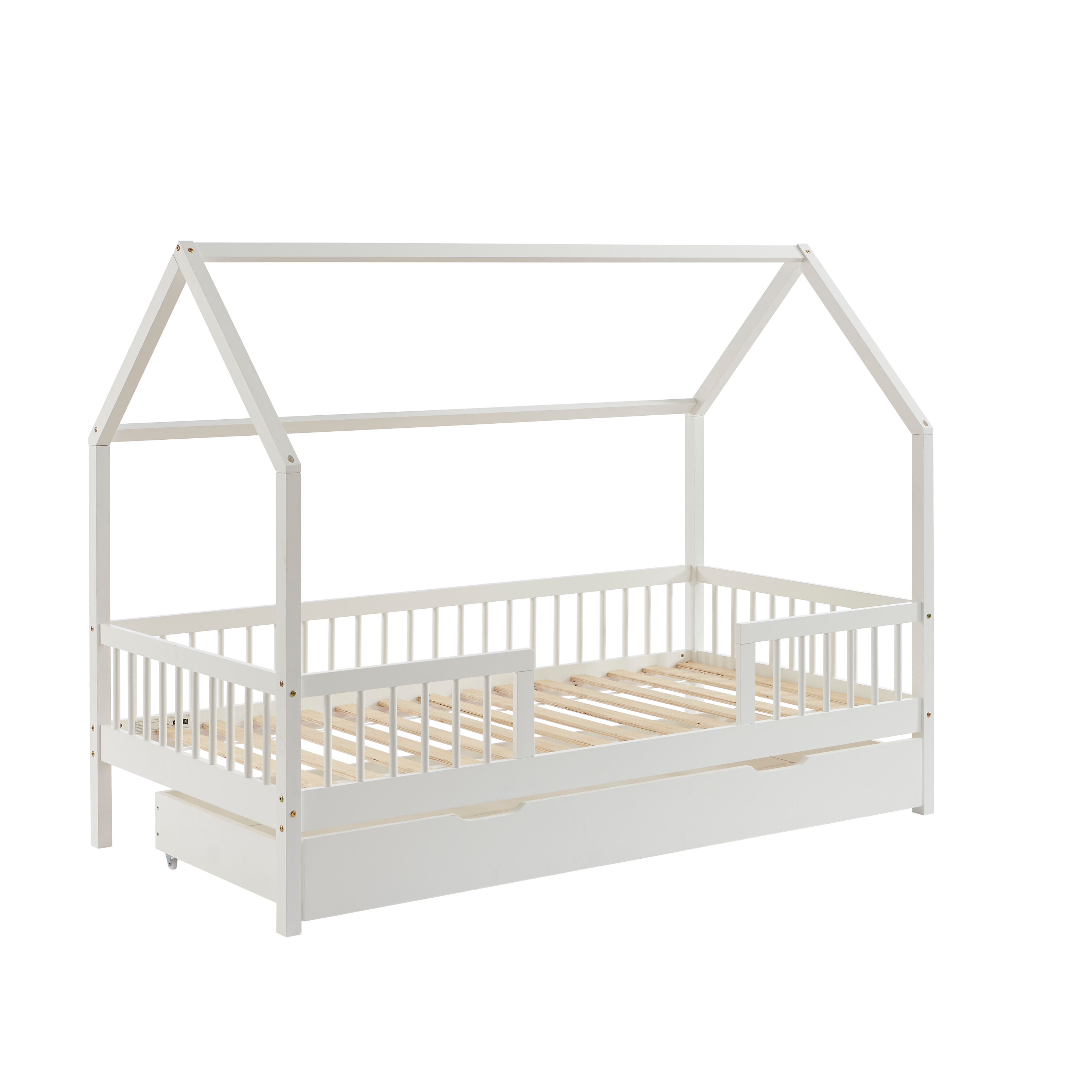 TINY Kids Cabin Bed with Safety Rails and Storage drawer 35" x 75" - White