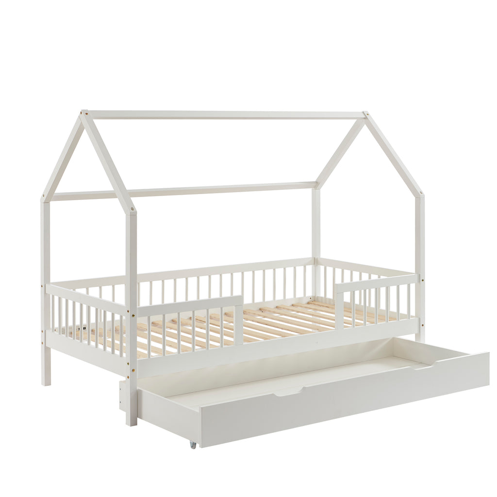 TINY Kids Cabin Bed with Safety Rails and Storage drawer 35" x 75" - White