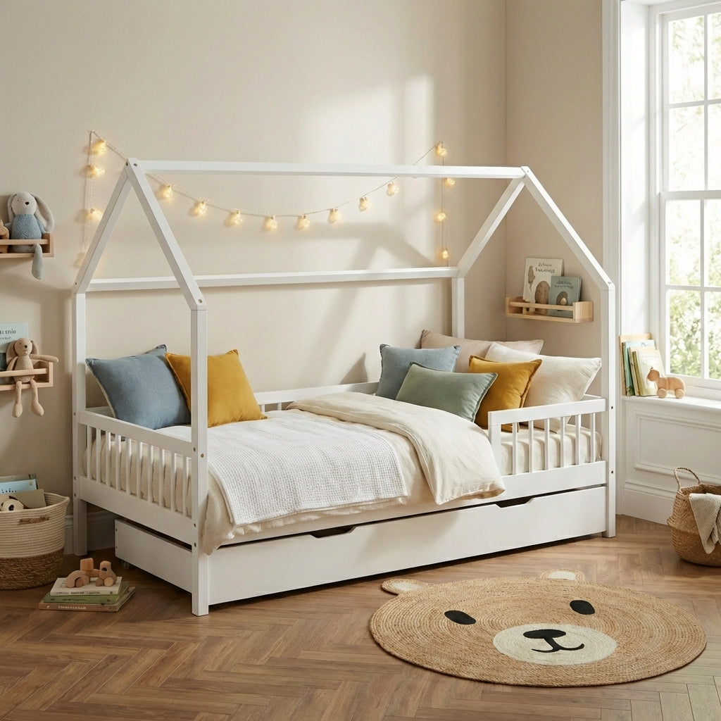 TINY Kids Cabin Bed with Safety Rails and Storage drawer 35" x 75" - White