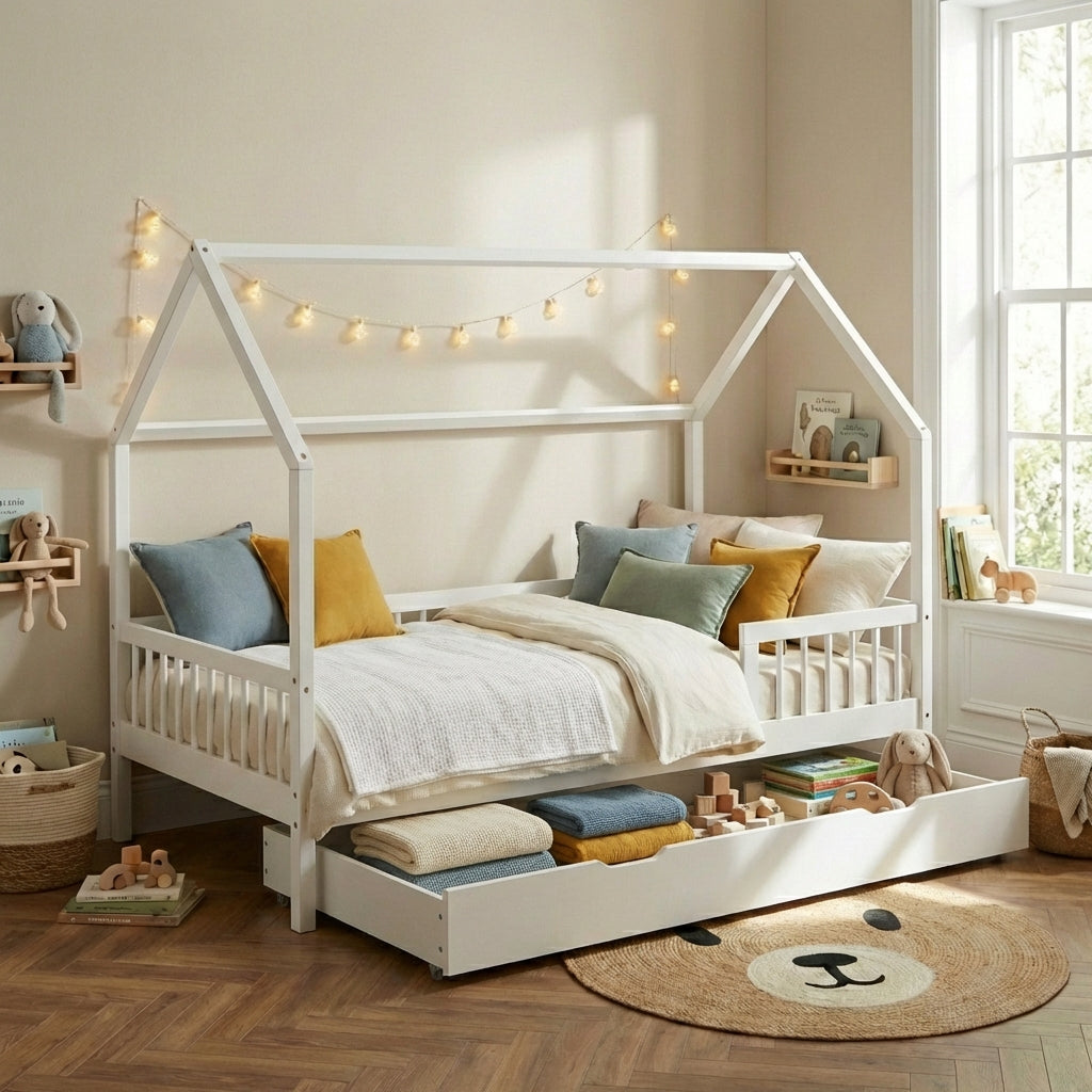 TINY Kids Cabin Bed with Safety Rails and Storage drawer 35" x 75" - White