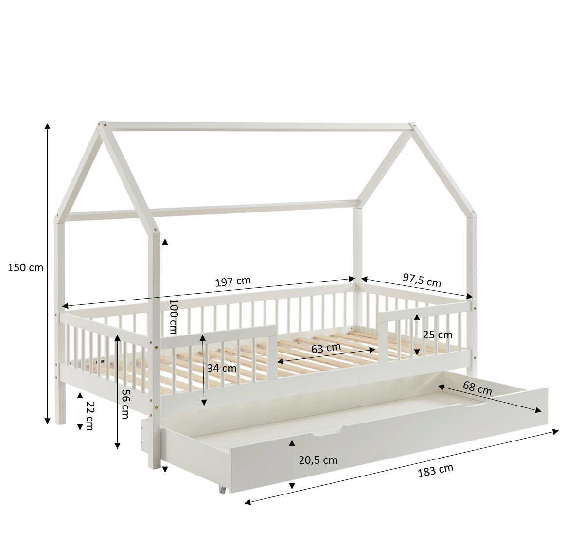 TINY Kids Cabin Bed with Safety Rails and Storage drawer 35" x 75" - White