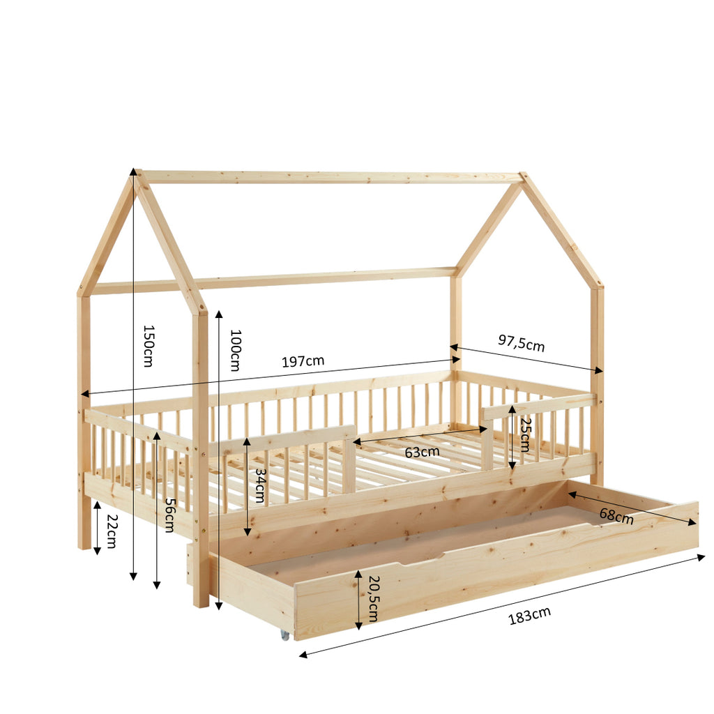 TINY Kids Cabin Bed with Safety Rails and Storage drawer 35" x 75" - Light wood