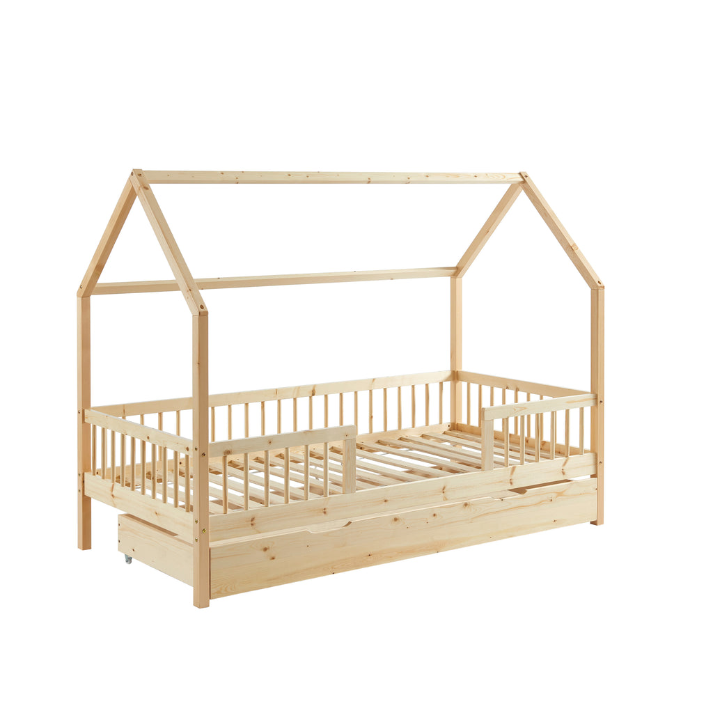 TINY Kids Cabin Bed with Safety Rails and Storage drawer 35" x 75" - Light wood