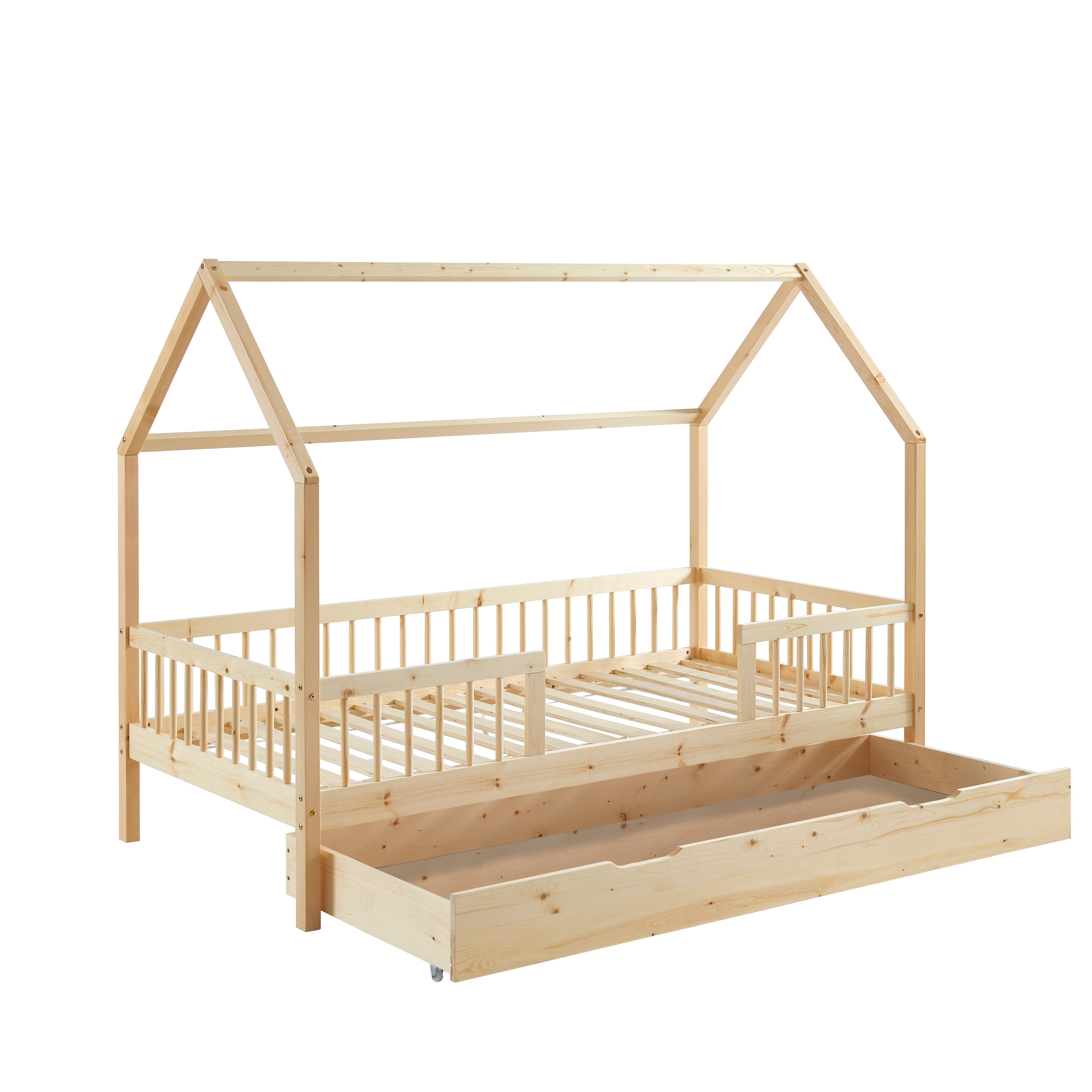 TINY Kids Cabin Bed with Safety Rails and Storage drawer 35" x 75" - Light wood