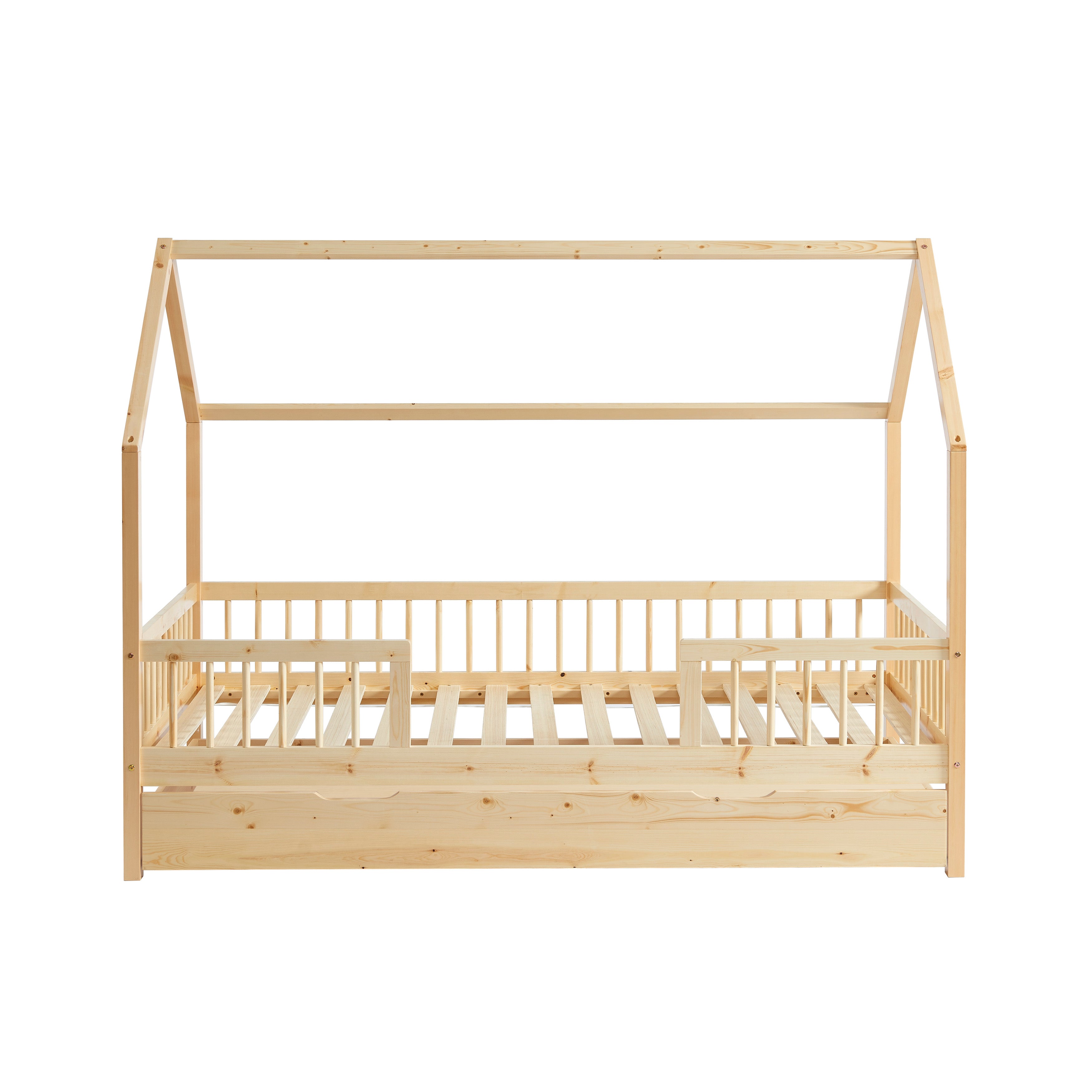 TINY Kids Cabin Bed with Safety Rails and Storage drawer 35" x 75" - Light wood