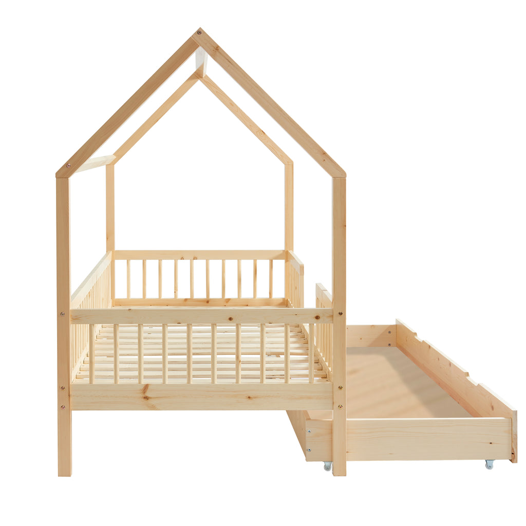 TINY Kids Cabin Bed with Safety Rails and Storage drawer 35" x 75" - Light wood
