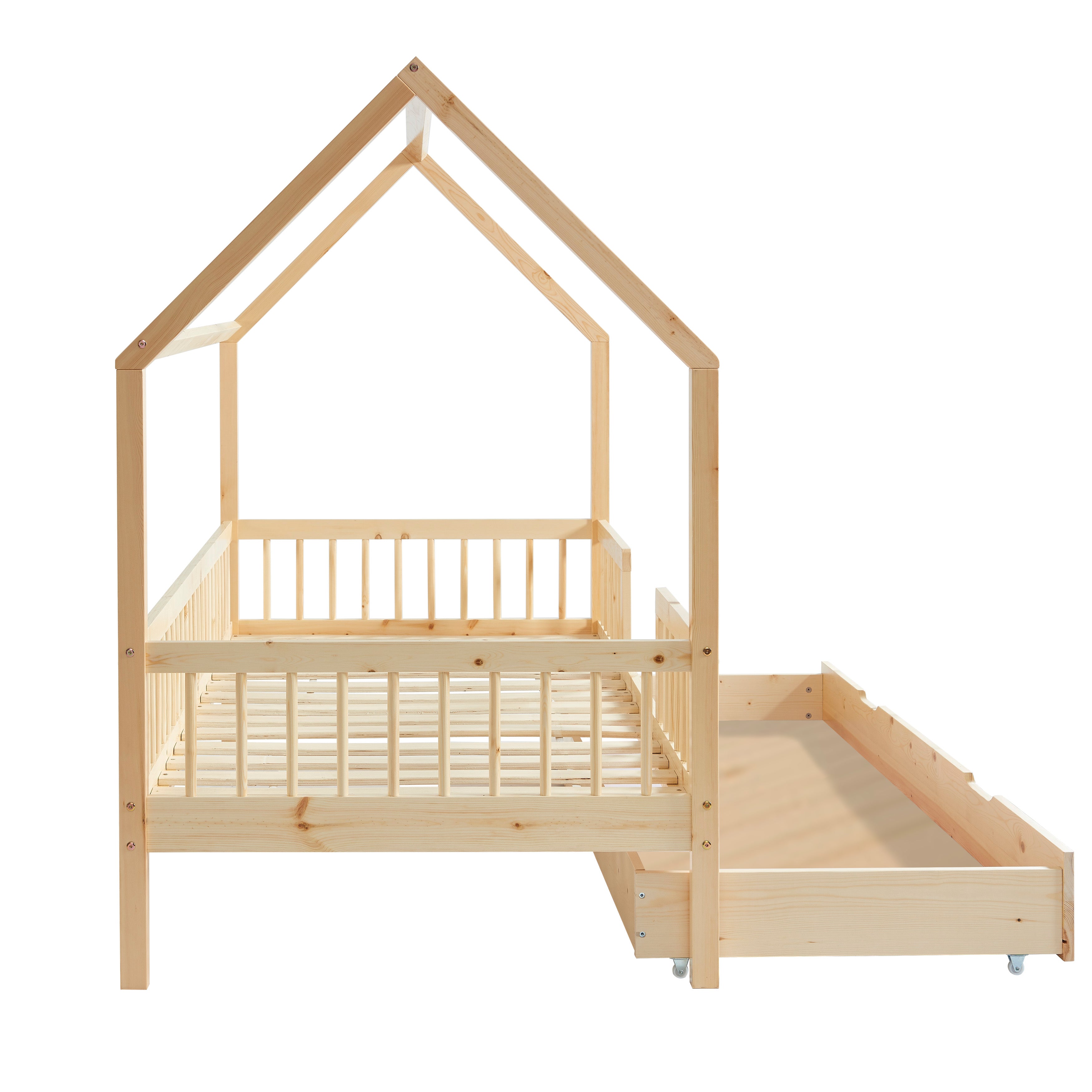 TINY Kids Cabin Bed with Safety Rails and Storage drawer 35" x 75" - Light wood