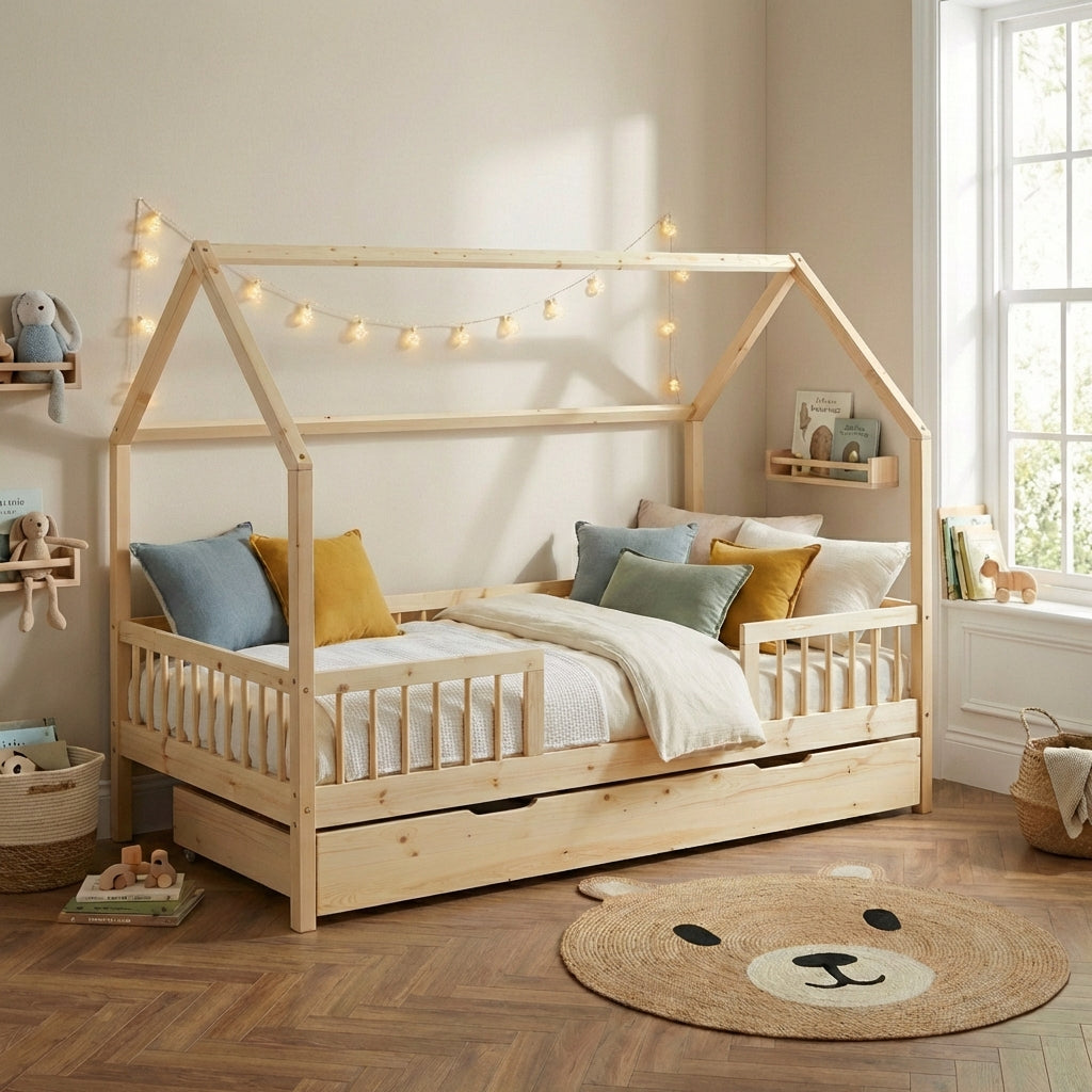 TINY Kids Cabin Bed with Safety Rails and Storage drawer 35" x 75" - Light wood