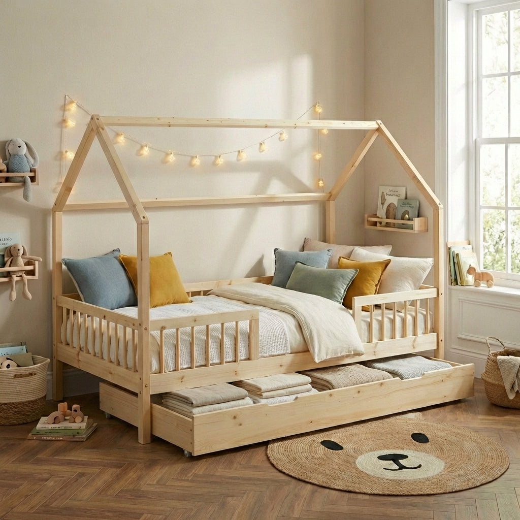 TINY Kids Cabin Bed with Safety Rails and Storage drawer 35" x 75" - Light wood