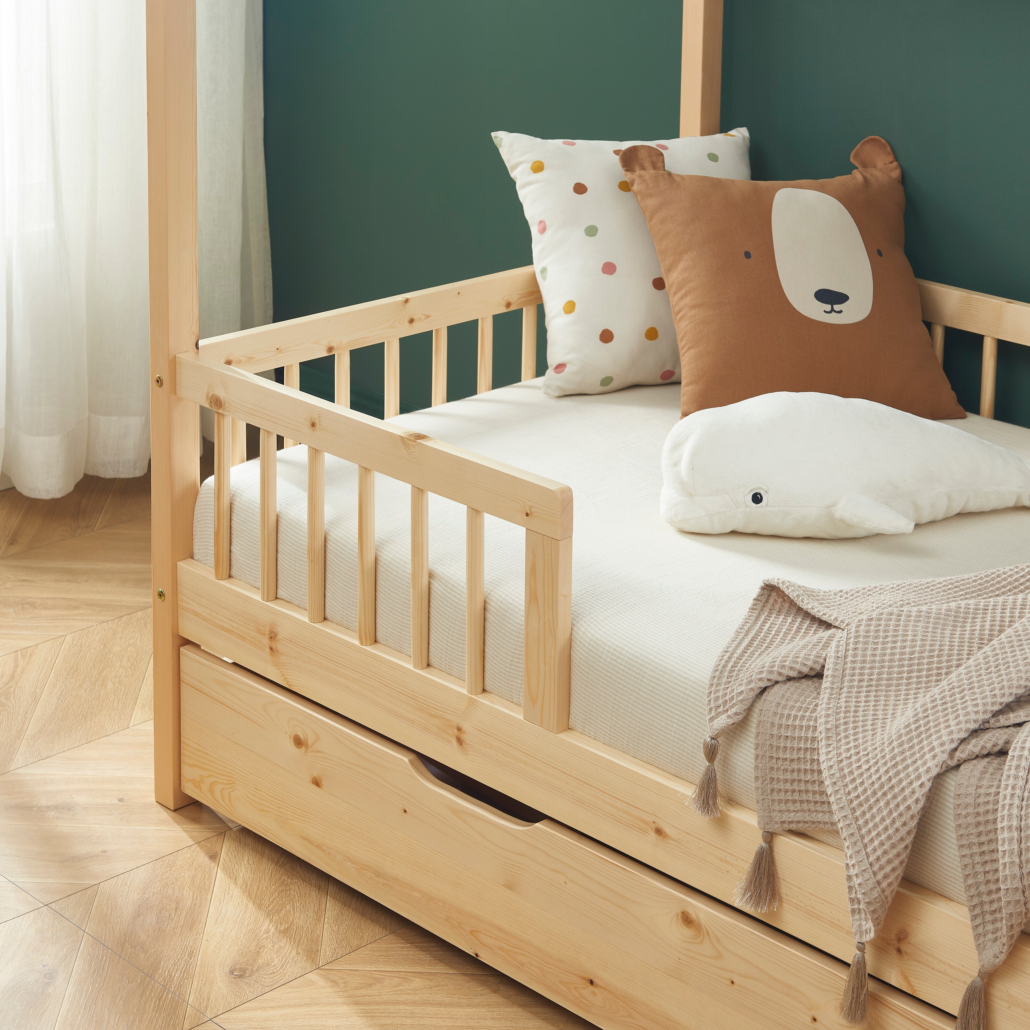 TINY Kids Cabin Bed with Safety Rails and Storage drawer 35" x 75" - Light wood