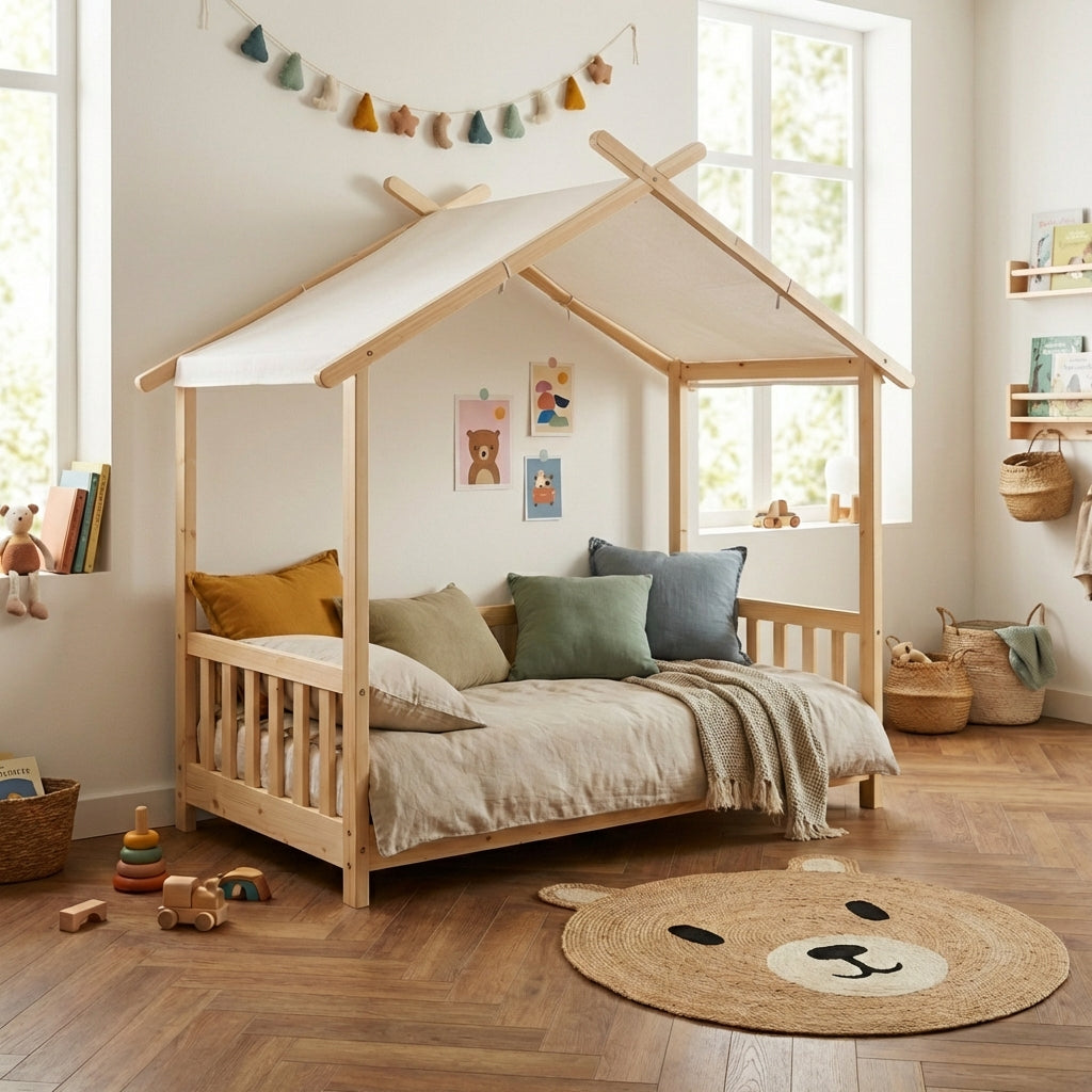 TINY Kids Tent Bed with Safety Rails 28" x 55" - Light wood
