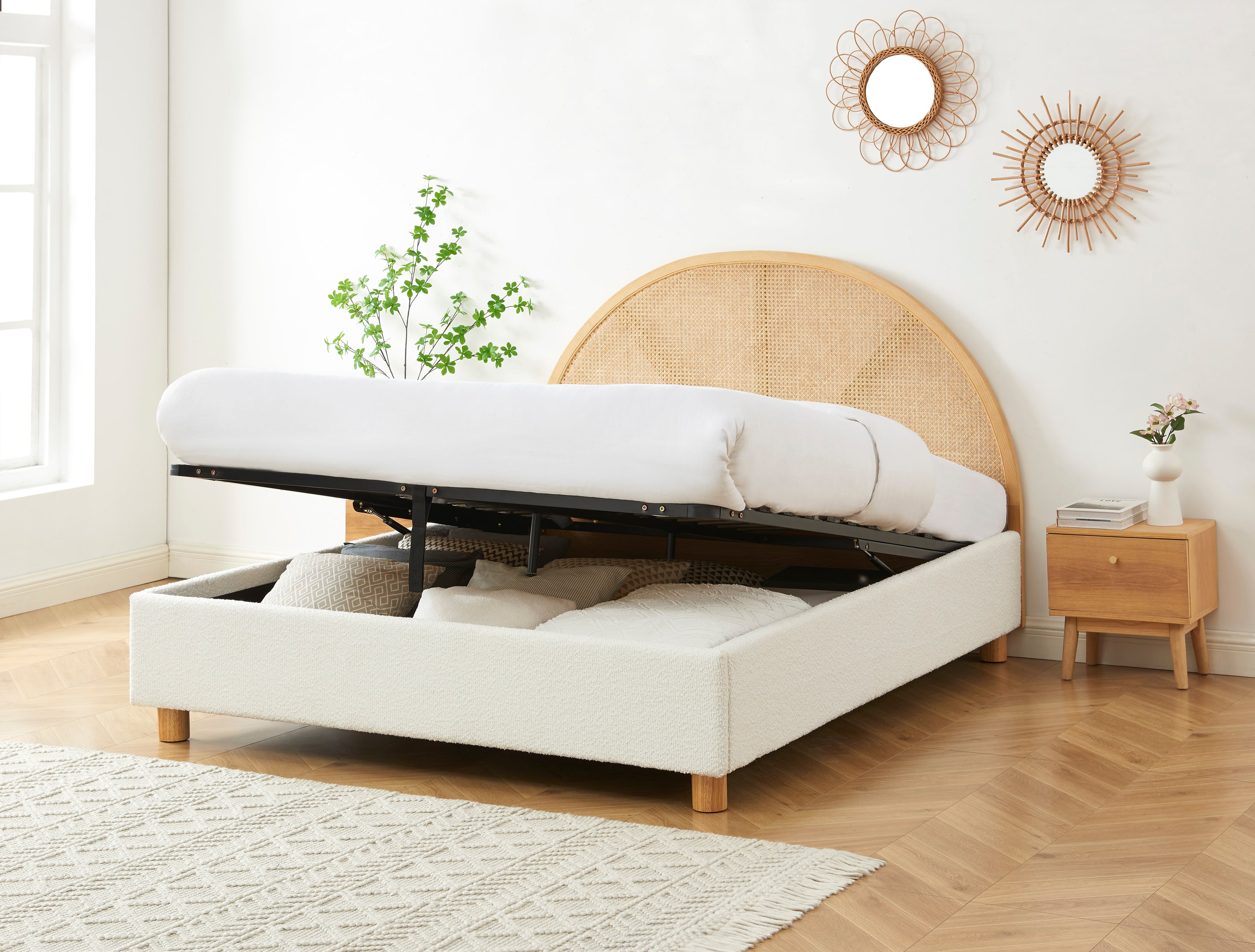 TSUKI Upholstered Storage Bed with Slatted Base – White