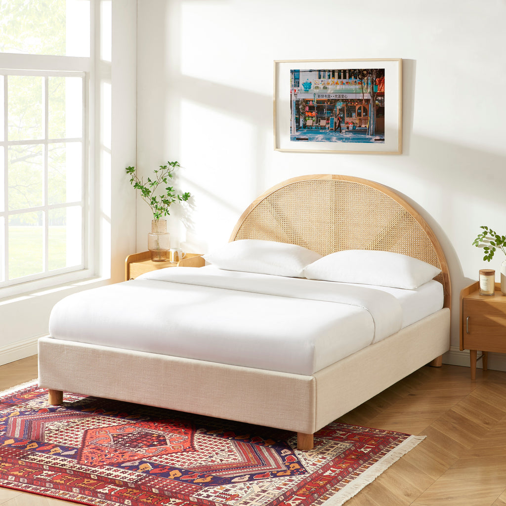TSUKI Upholstered Storage Bed with Slatted Base – Off-White