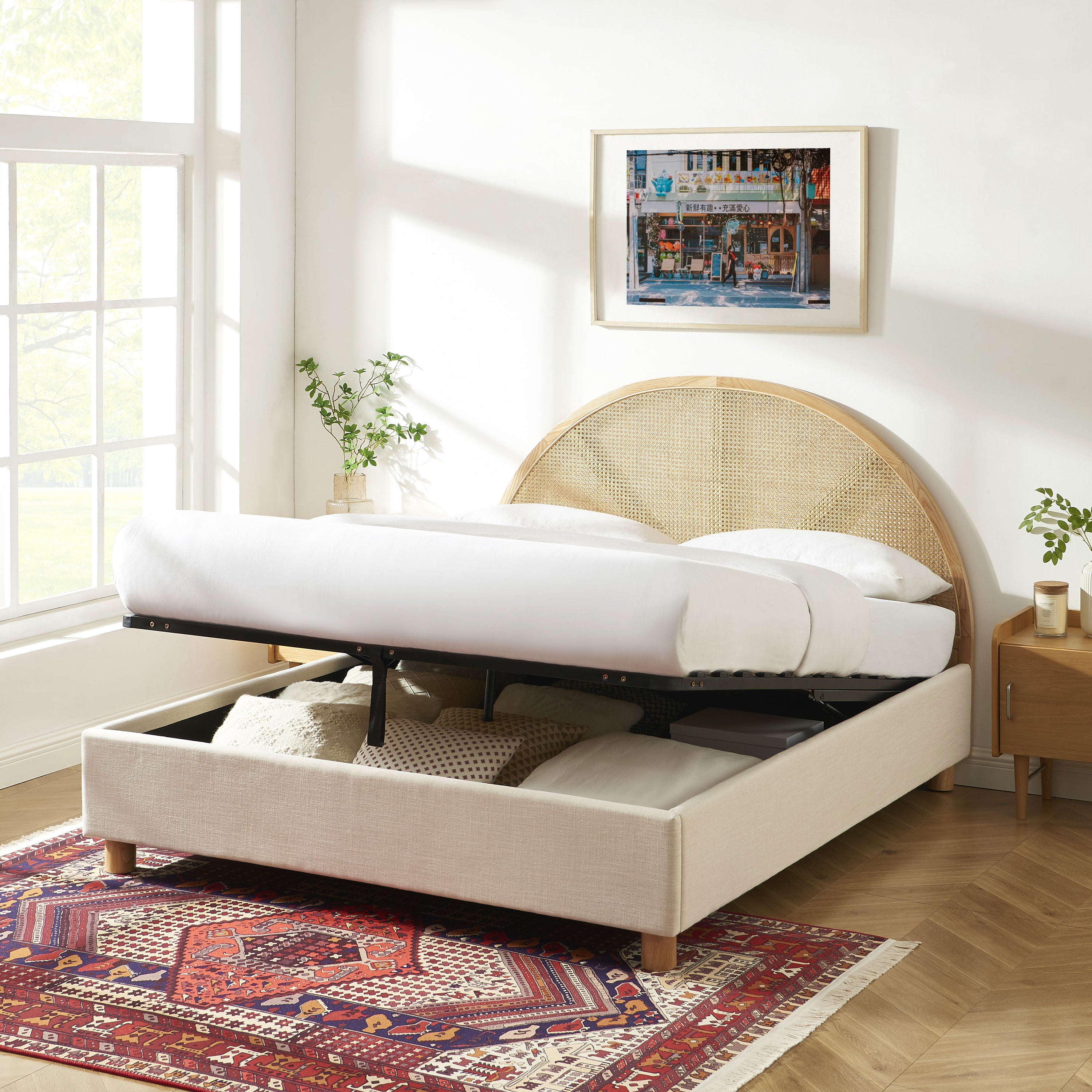 TSUKI Upholstered Storage Bed with Slatted Base – Off-White