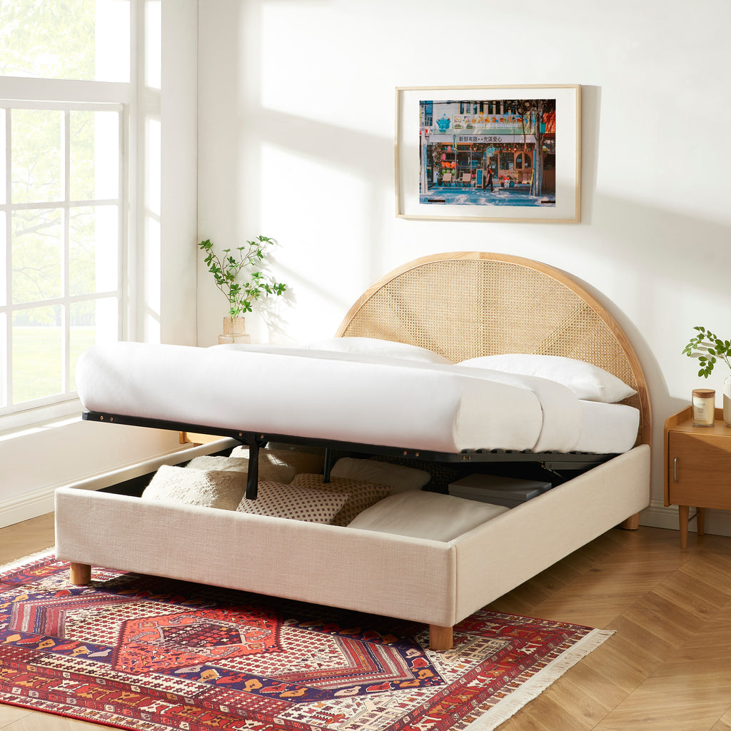 TSUKI Upholstered Storage Bed with Slatted Base – Off-White