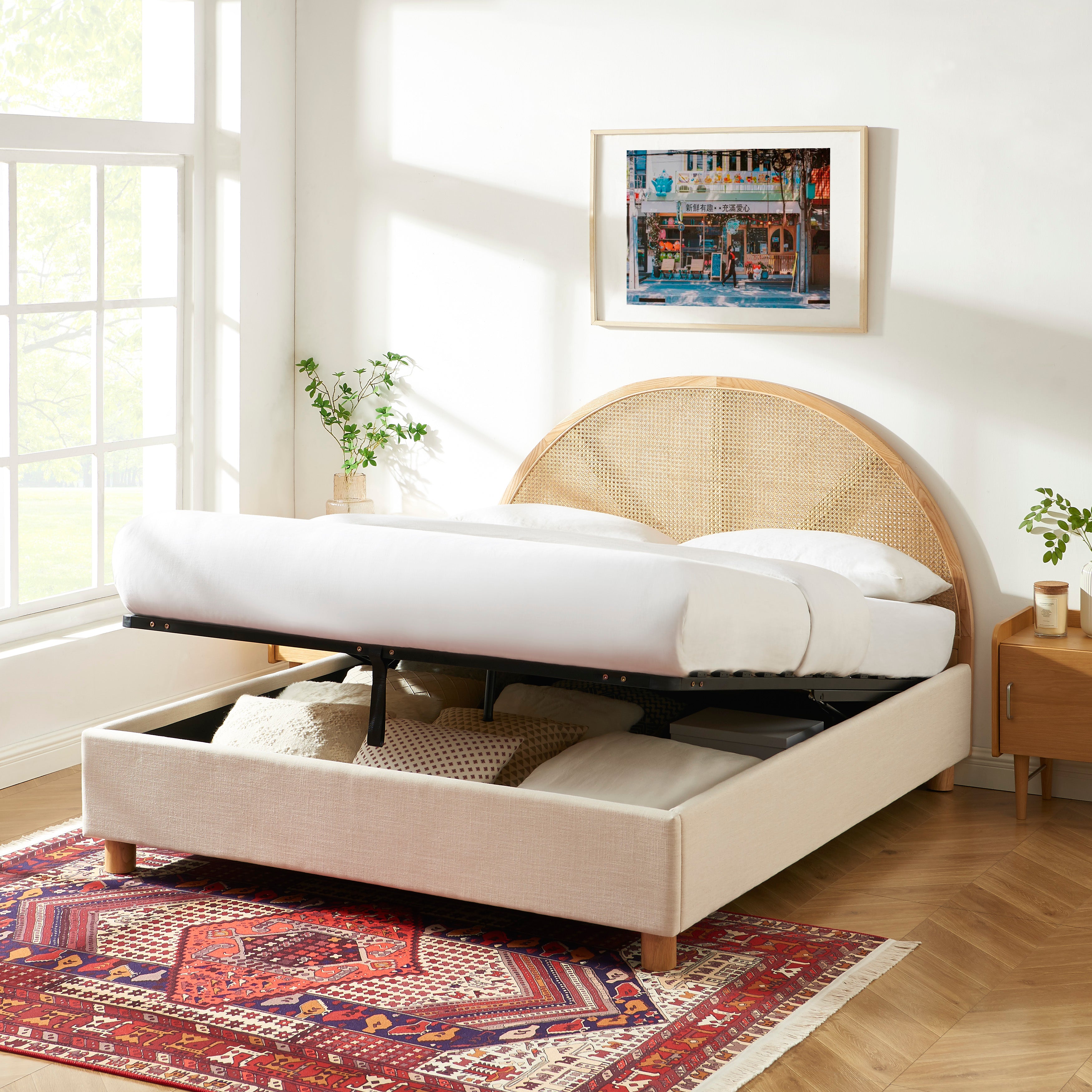 TSUKI Upholstered Storage Bed with Slatted Base – Off-White