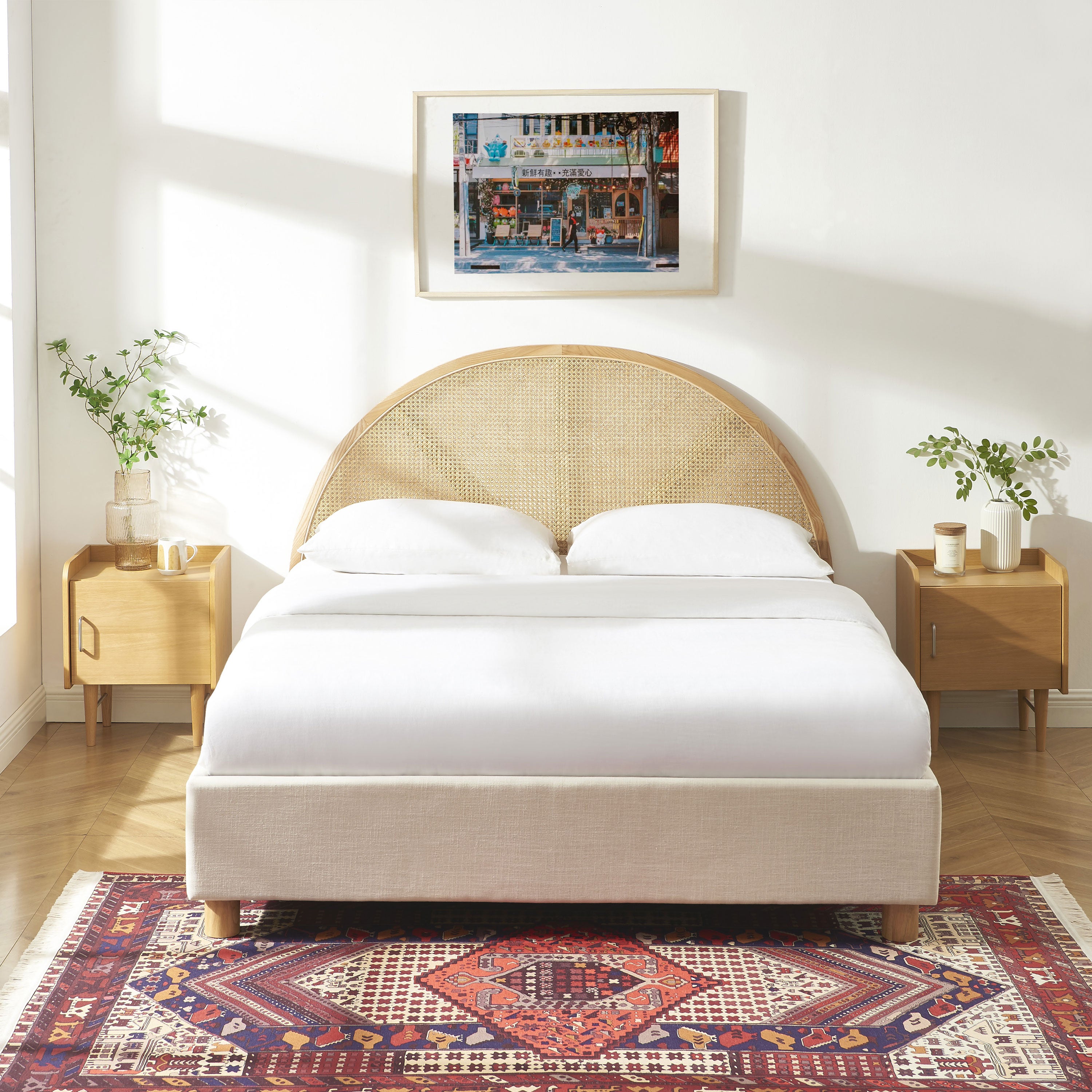 TSUKI Upholstered Storage Bed with Slatted Base – Off-White