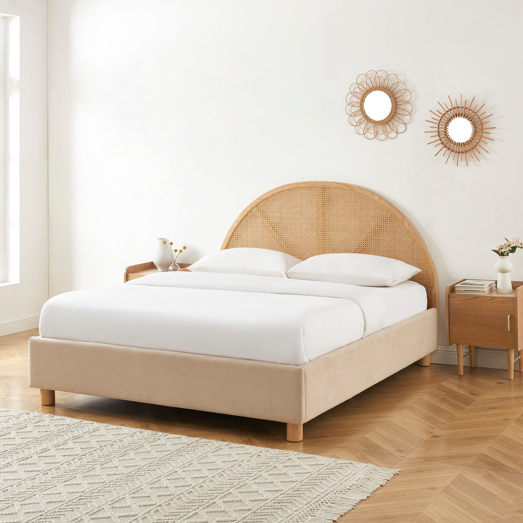 TSUKI Upholstered Storage Bed with Slatted Base – Beige