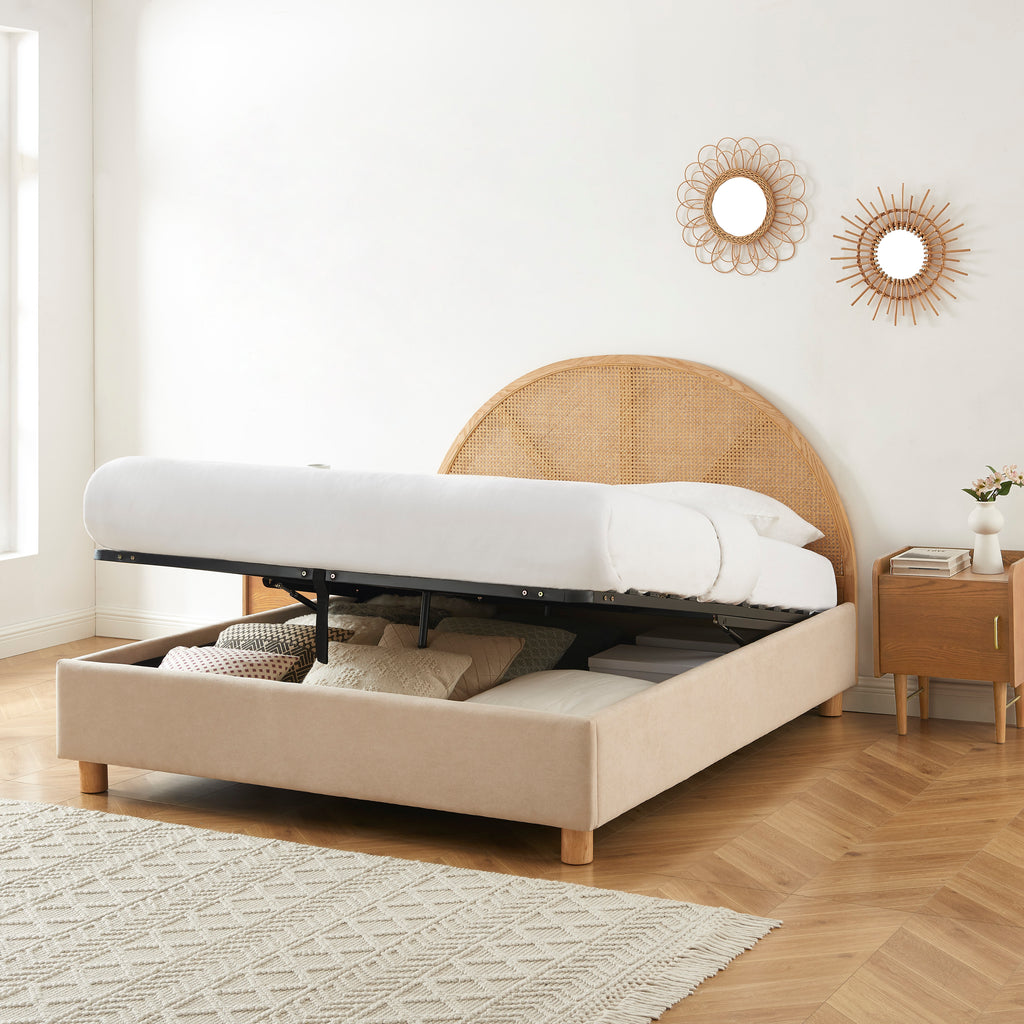 TSUKI Upholstered Storage Bed with Slatted Base – Beige