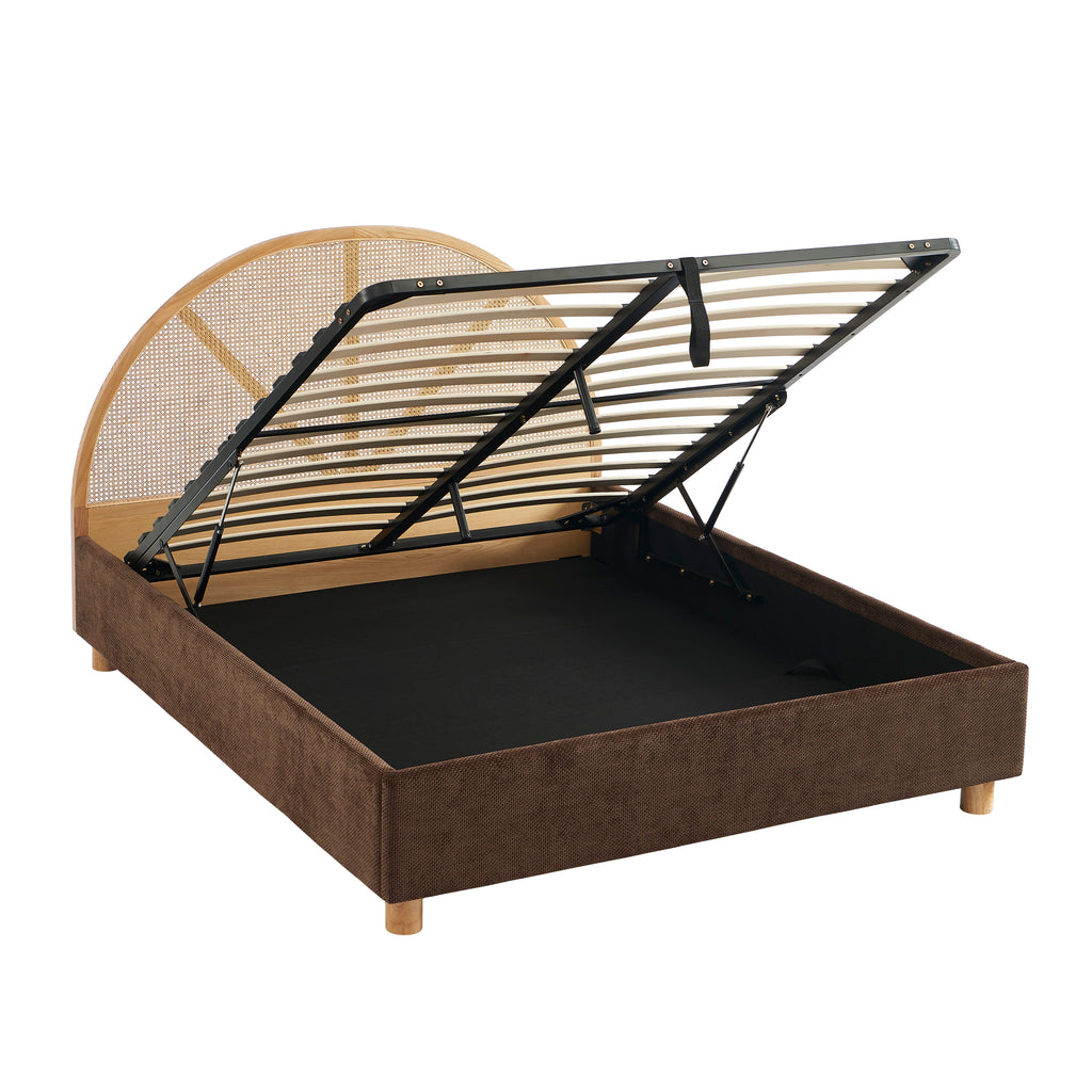 TSUKI Upholstered Storage Bed with Slatted Base – Brown