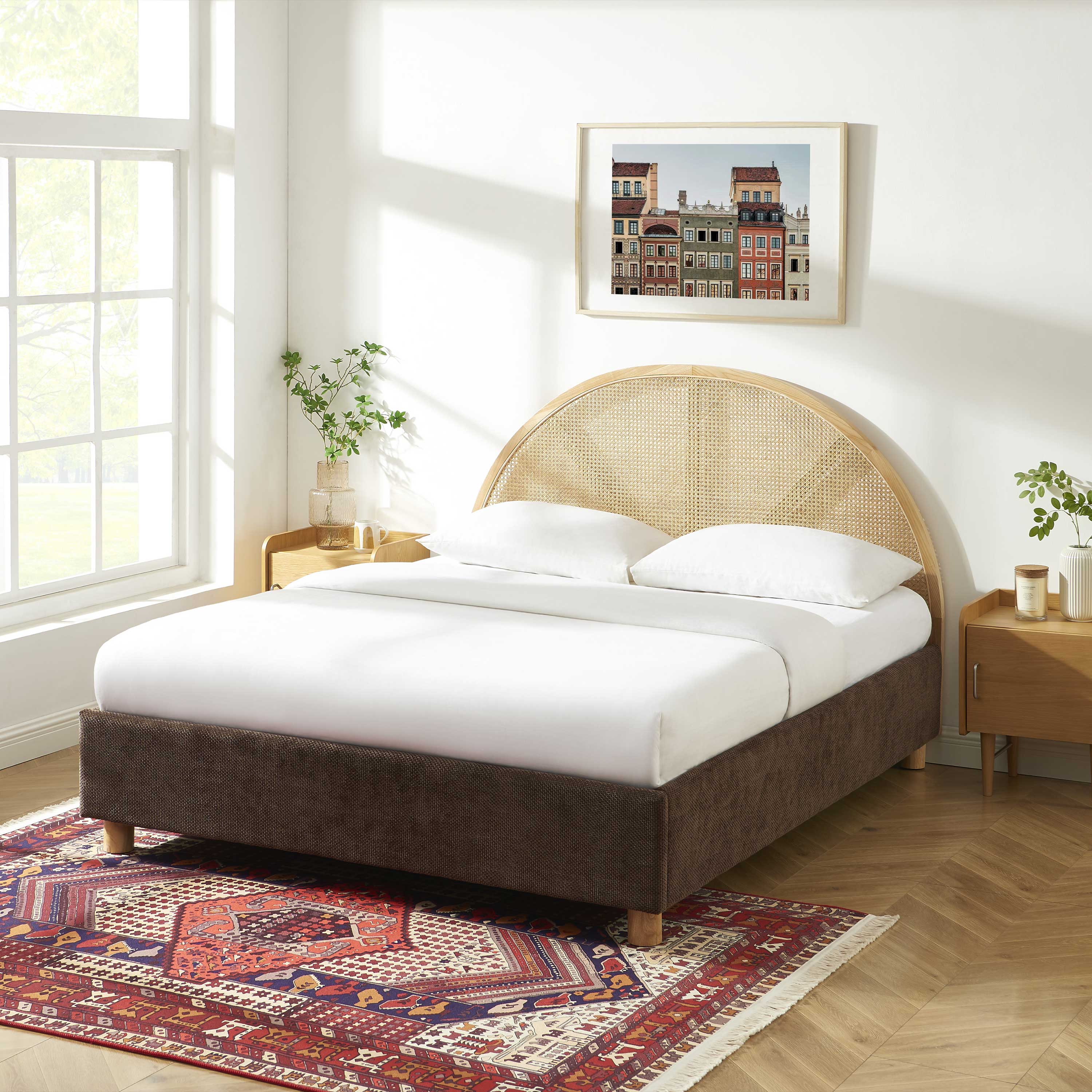 TSUKI Upholstered Storage Bed with Slatted Base – Brown