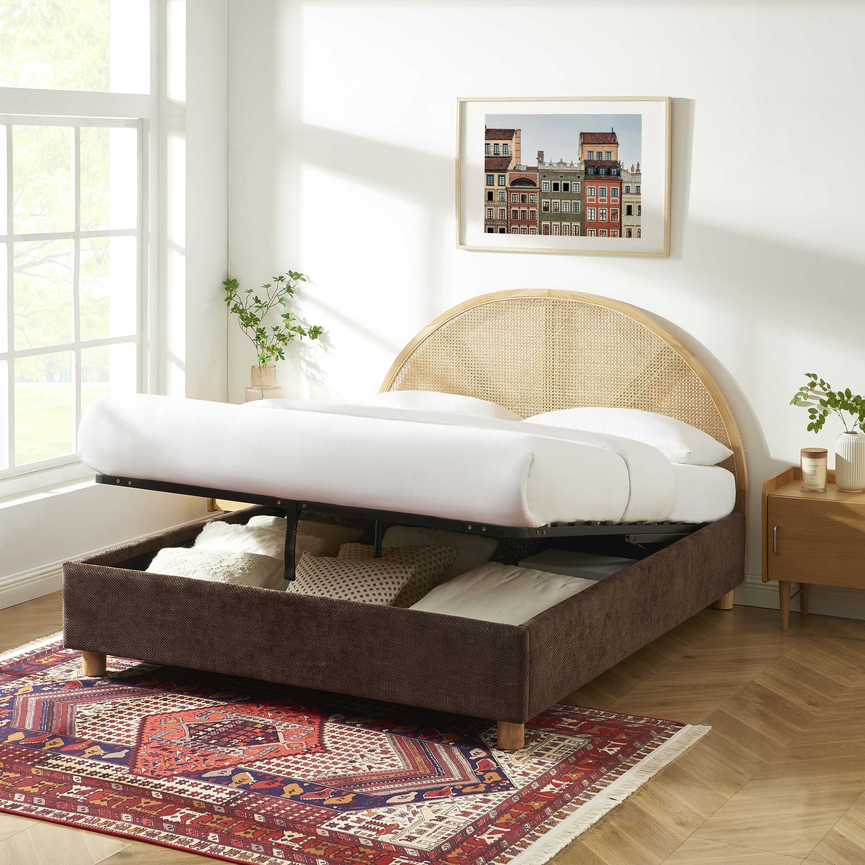 TSUKI Upholstered Storage Bed with Slatted Base – Brown