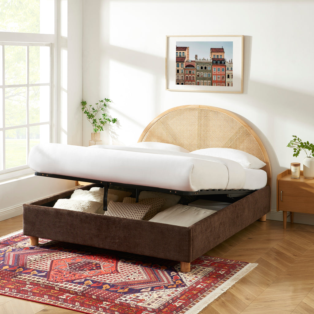 TSUKI Upholstered Storage Bed with Slatted Base – Brown