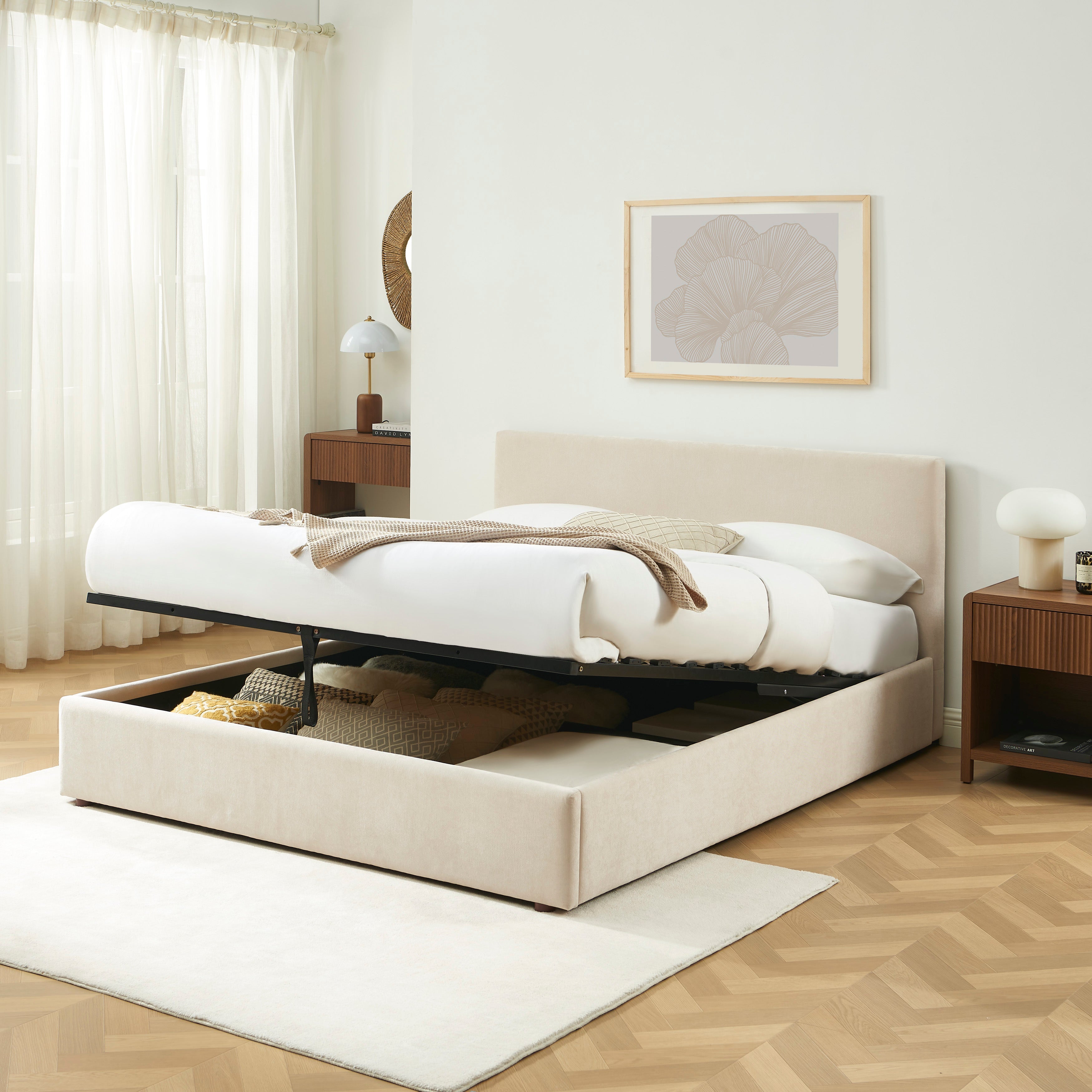 Storage Bed Vania 160x200 Fabric Beige With Slatted Base – Beige