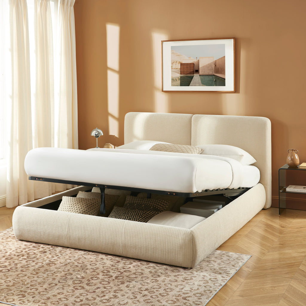 YOKA Upholstered Storage Bed with Slatted Base – Beige