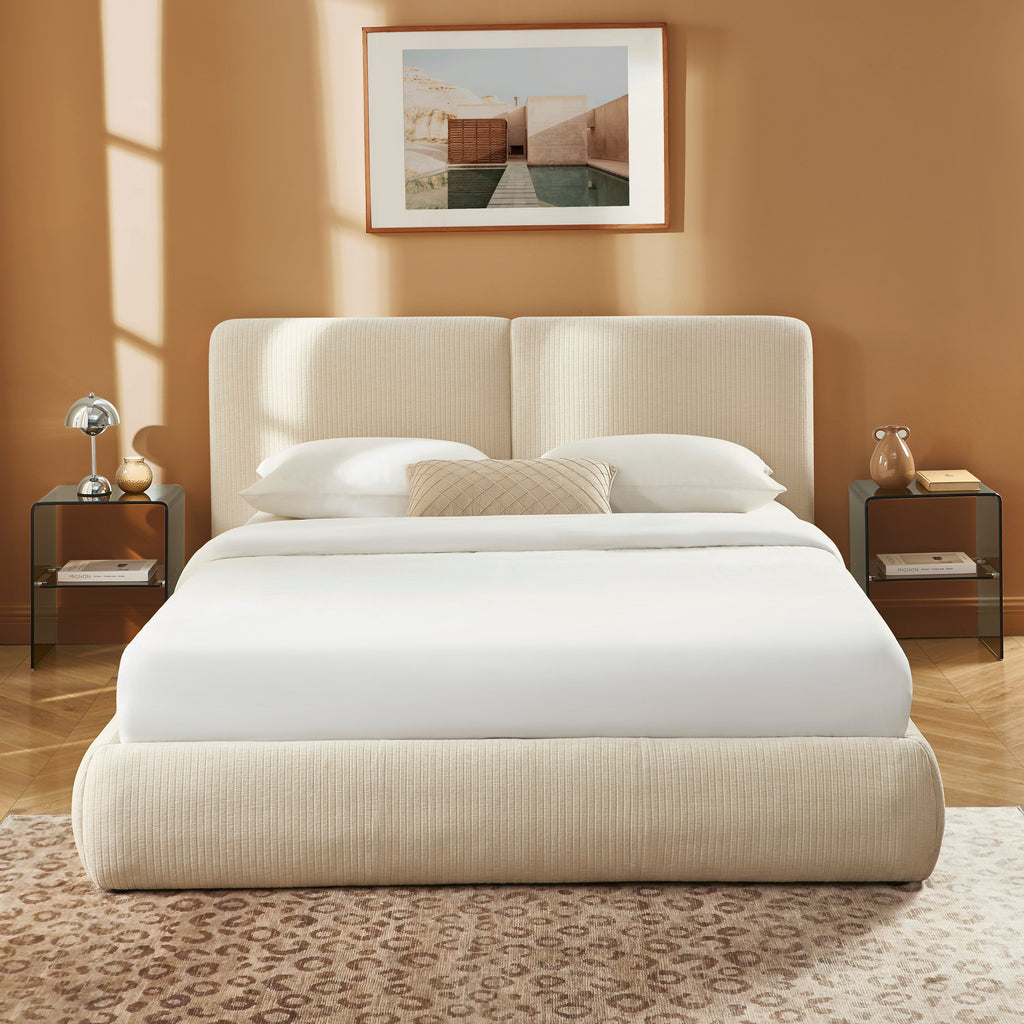 YOKA Upholstered Storage Bed with Slatted Base – Beige