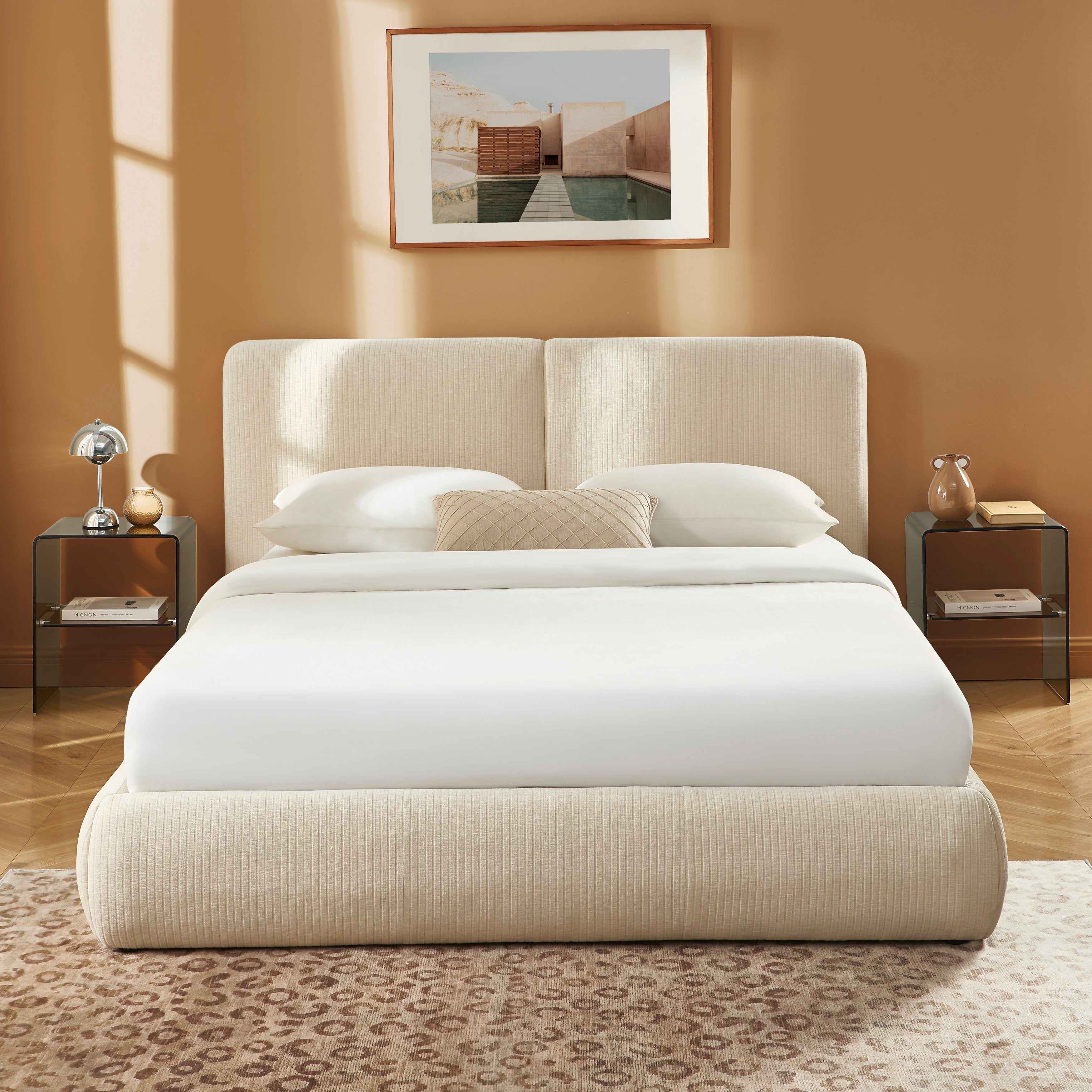 YOKA Upholstered Storage Bed with Slatted Base – Beige