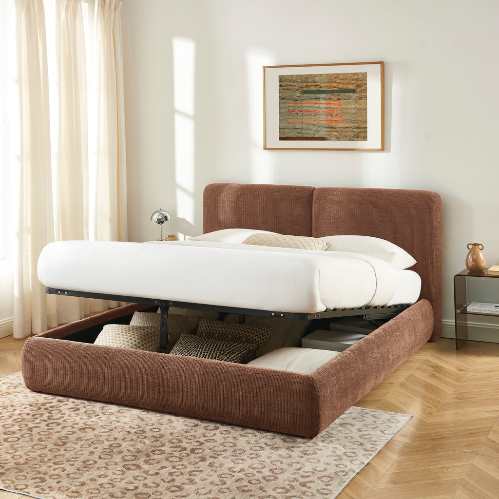 YOKA Upholstered Storage Bed with Slatted Base – Brown