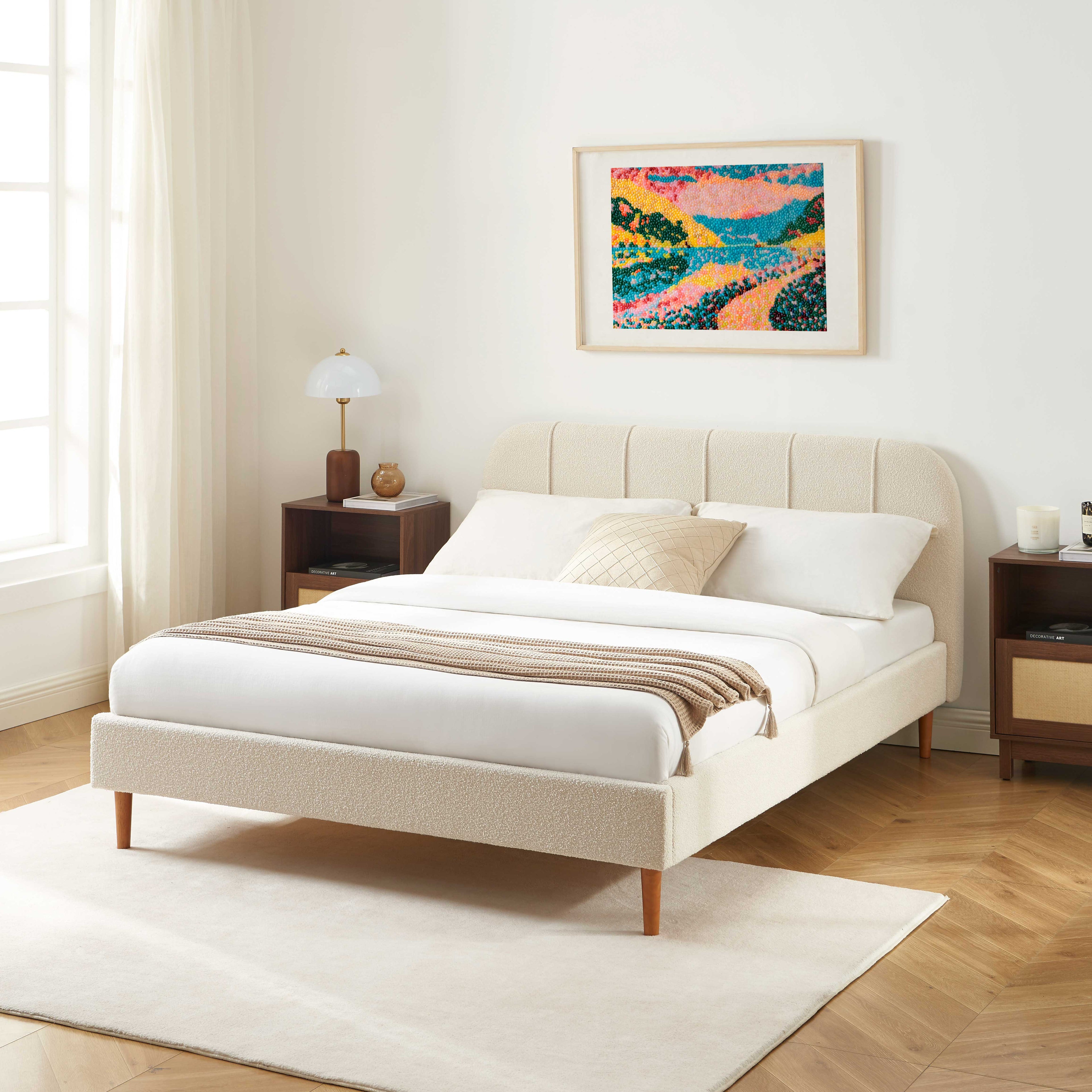 YUME Upholstered Bed with Headboard – Beige