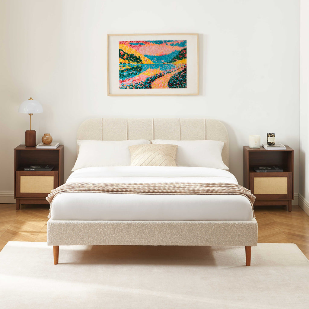 YUME Upholstered Bed with Headboard – Beige