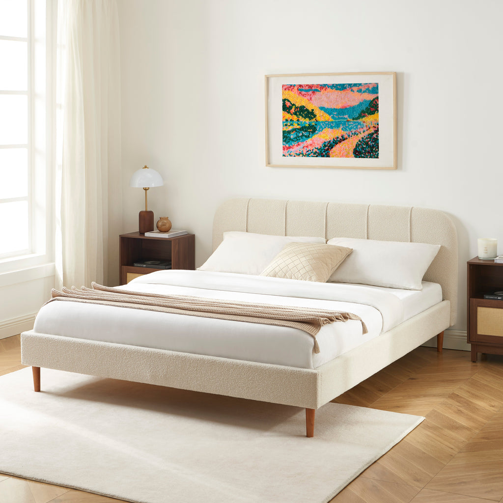 YUME Upholstered Bed with Headboard – Beige