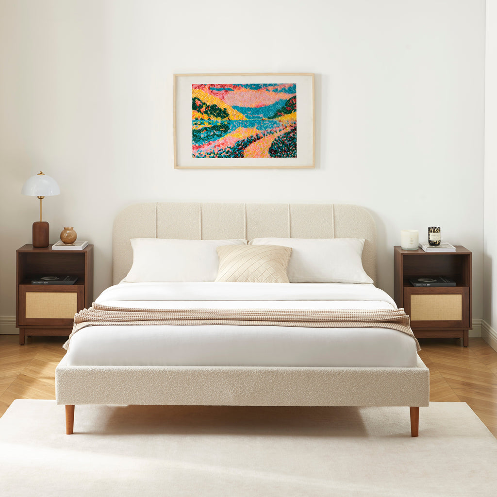 YUME Upholstered Bed with Headboard – Beige