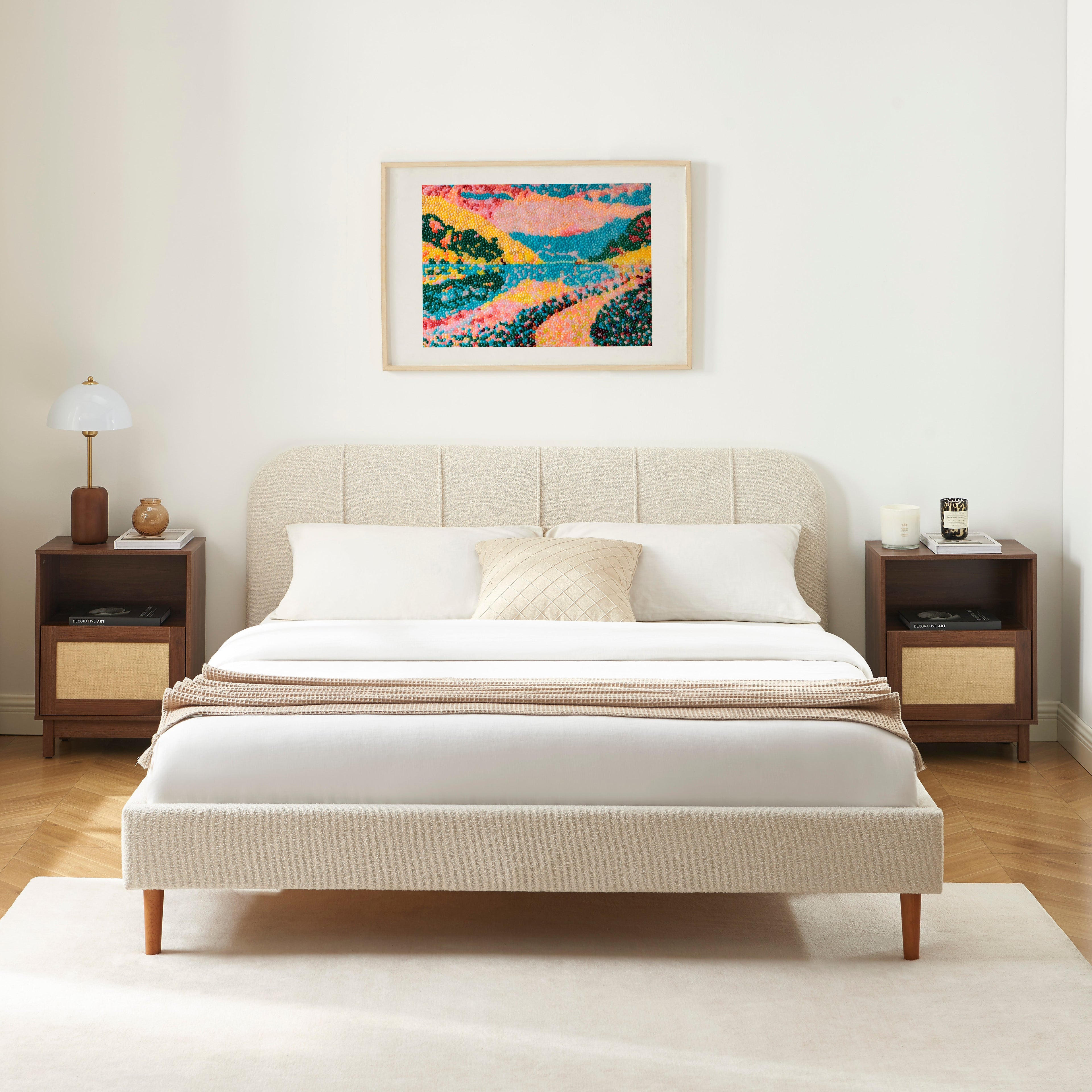 YUME Upholstered Bed with Headboard – Beige